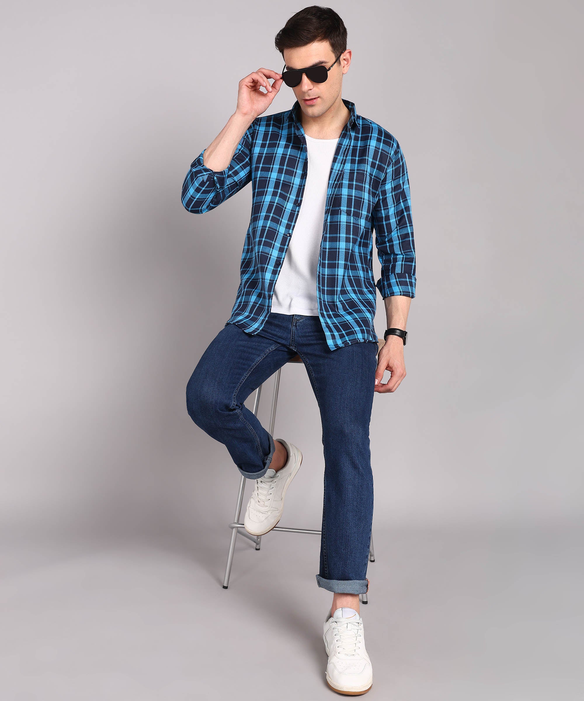 Sanganeri Navy & Cyan Checked Cotton Shirt