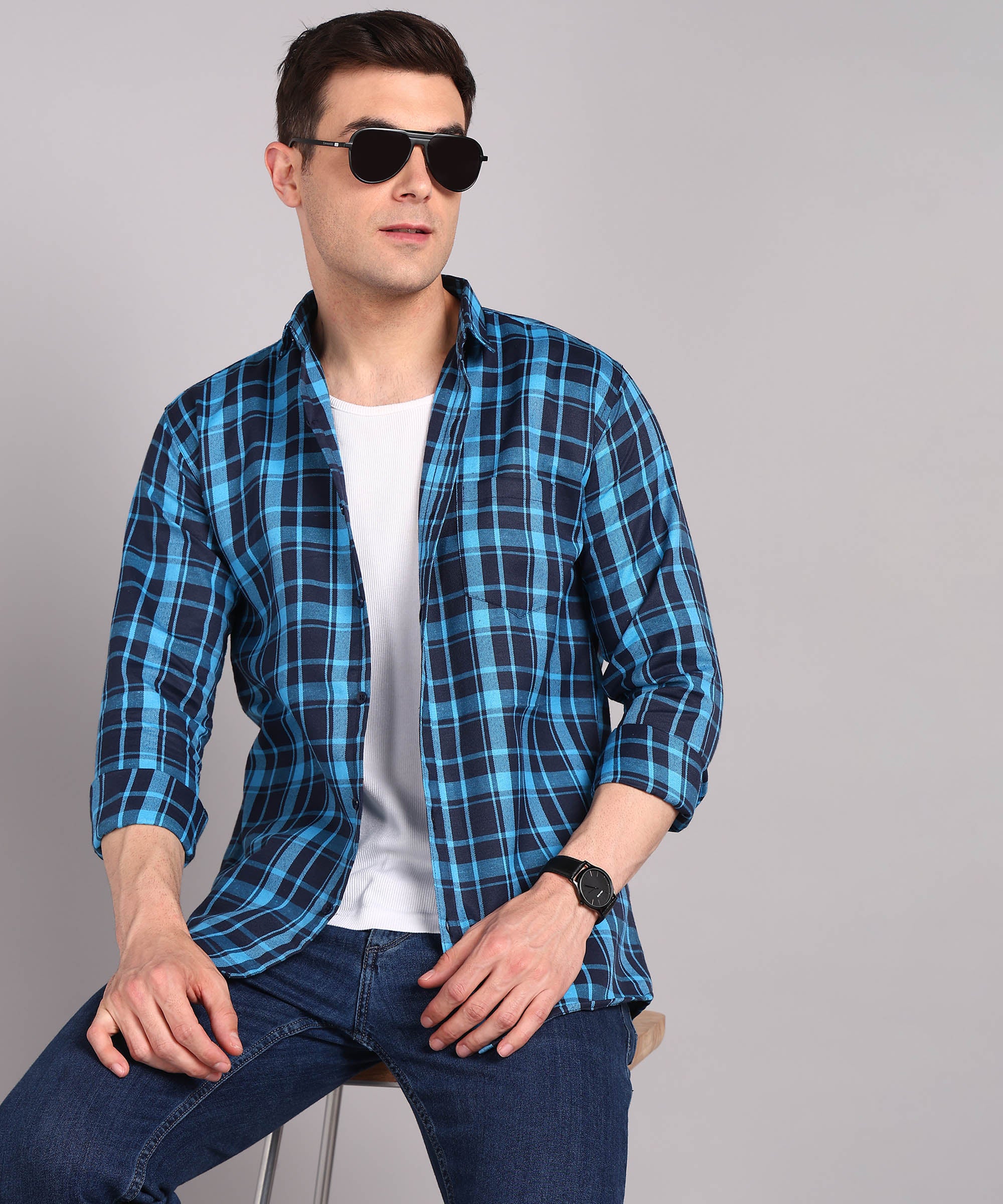 Sanganeri Navy & Cyan Checked Cotton Shirt