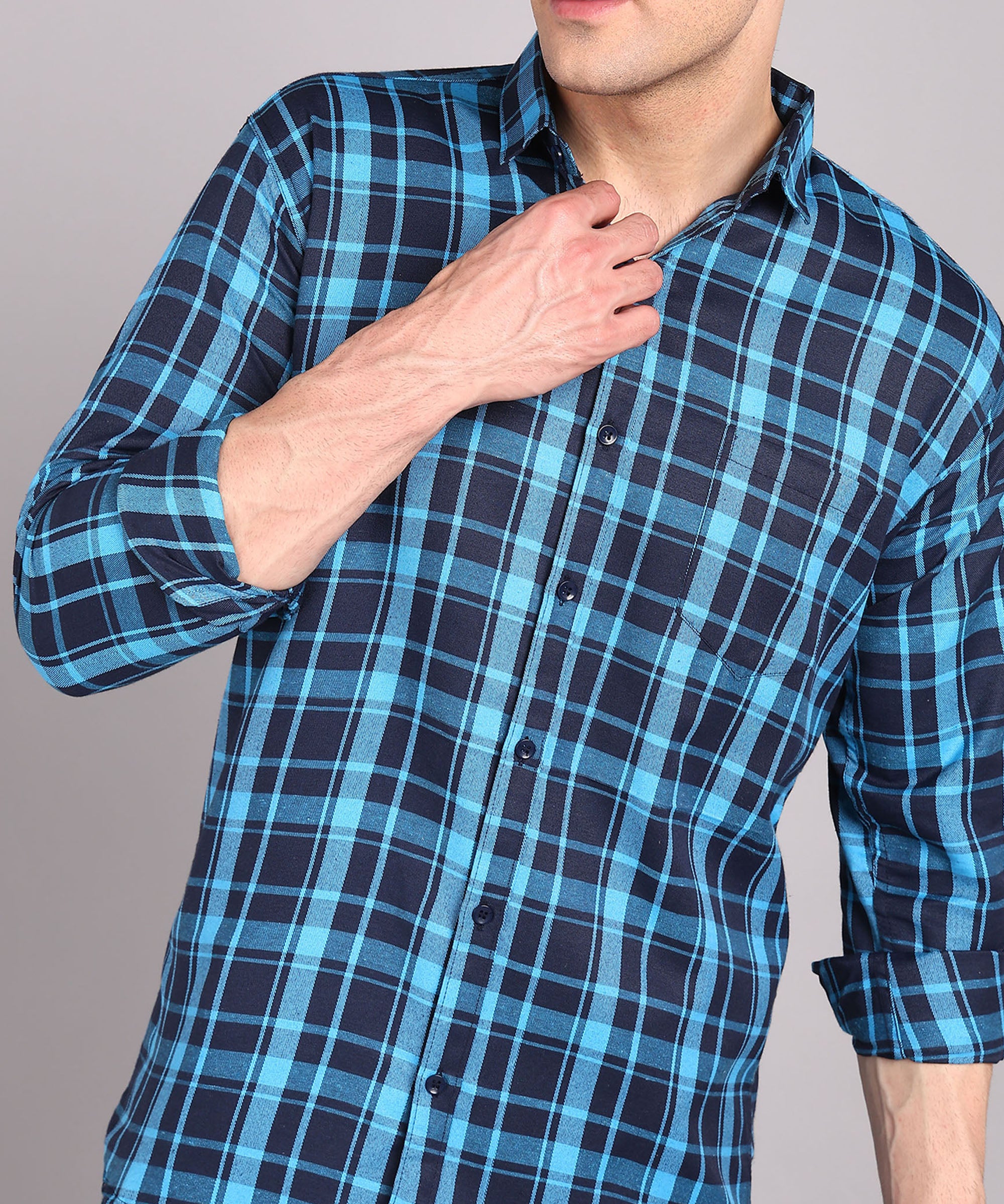 Sanganeri Navy & Cyan Checked Cotton Shirt