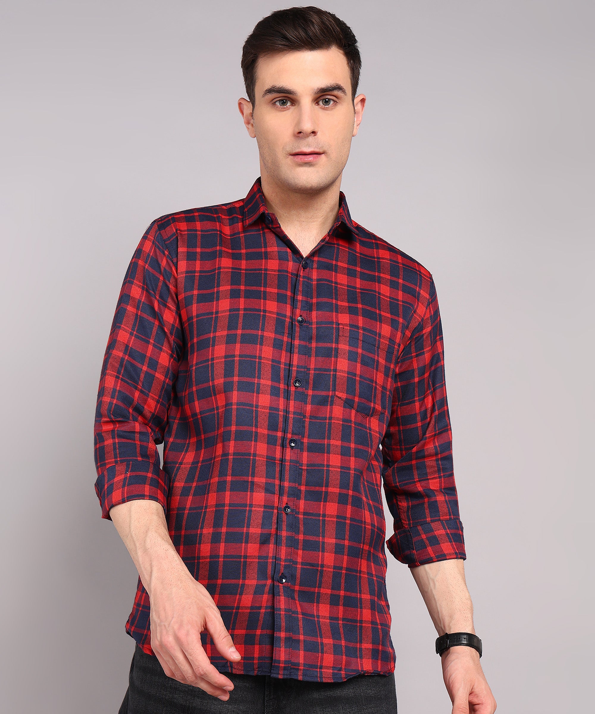 Sanganeri Red & Navy Checked Cotton Shirt