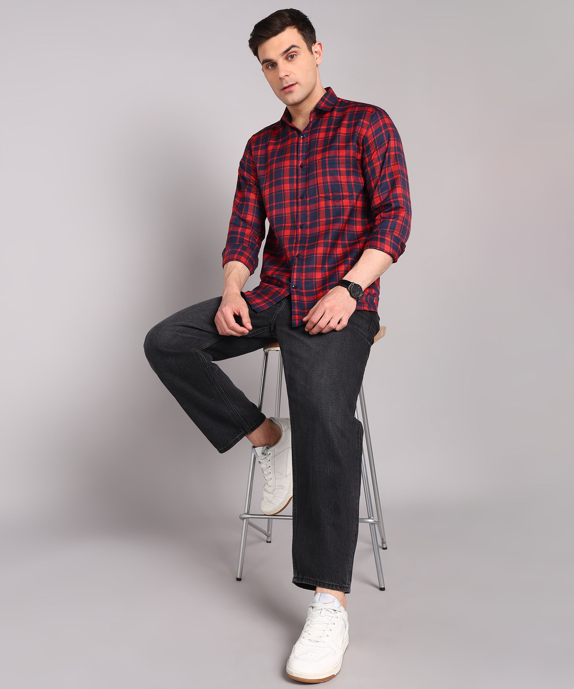 Sanganeri Red & Navy Checked Cotton Shirt