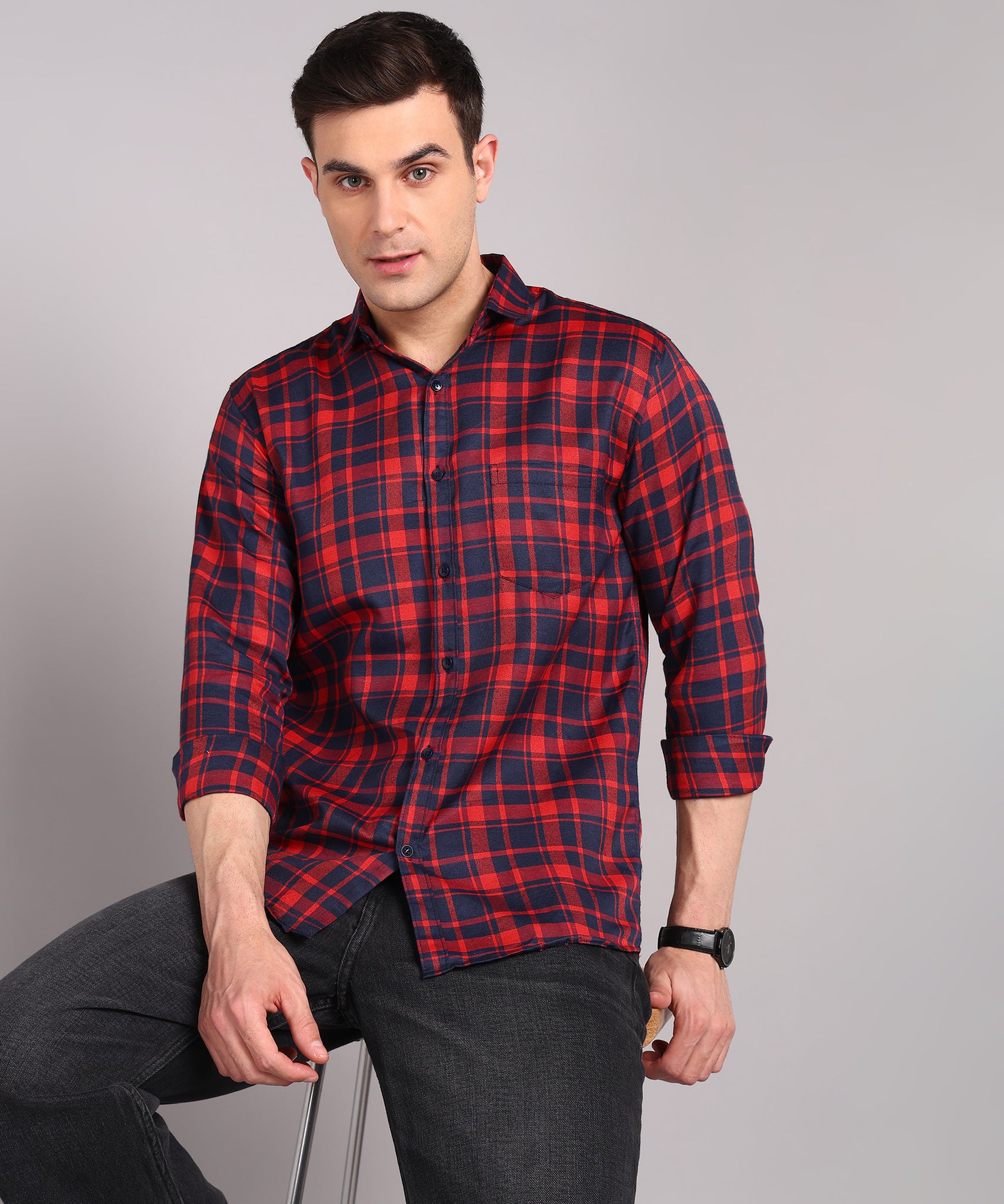 Sanganeri Red & Navy Checked Cotton Shirt