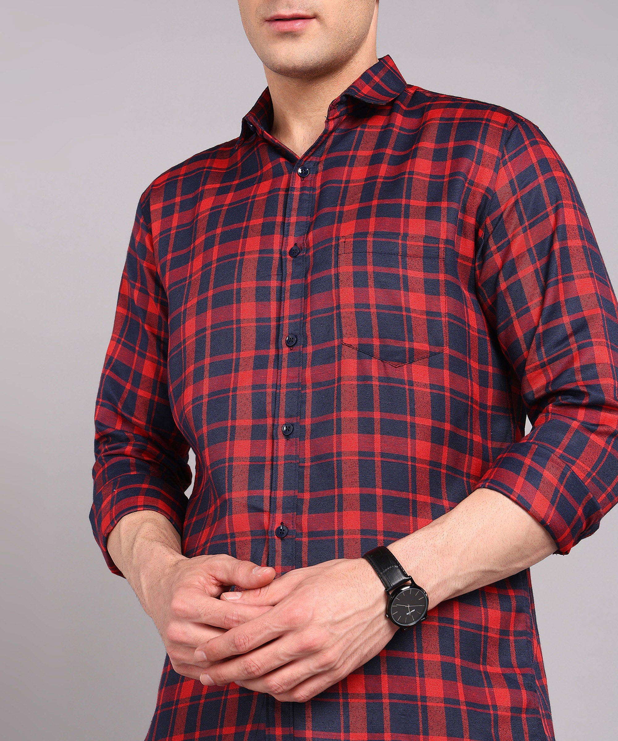 Sanganeri Red & Navy Checked Cotton Shirt