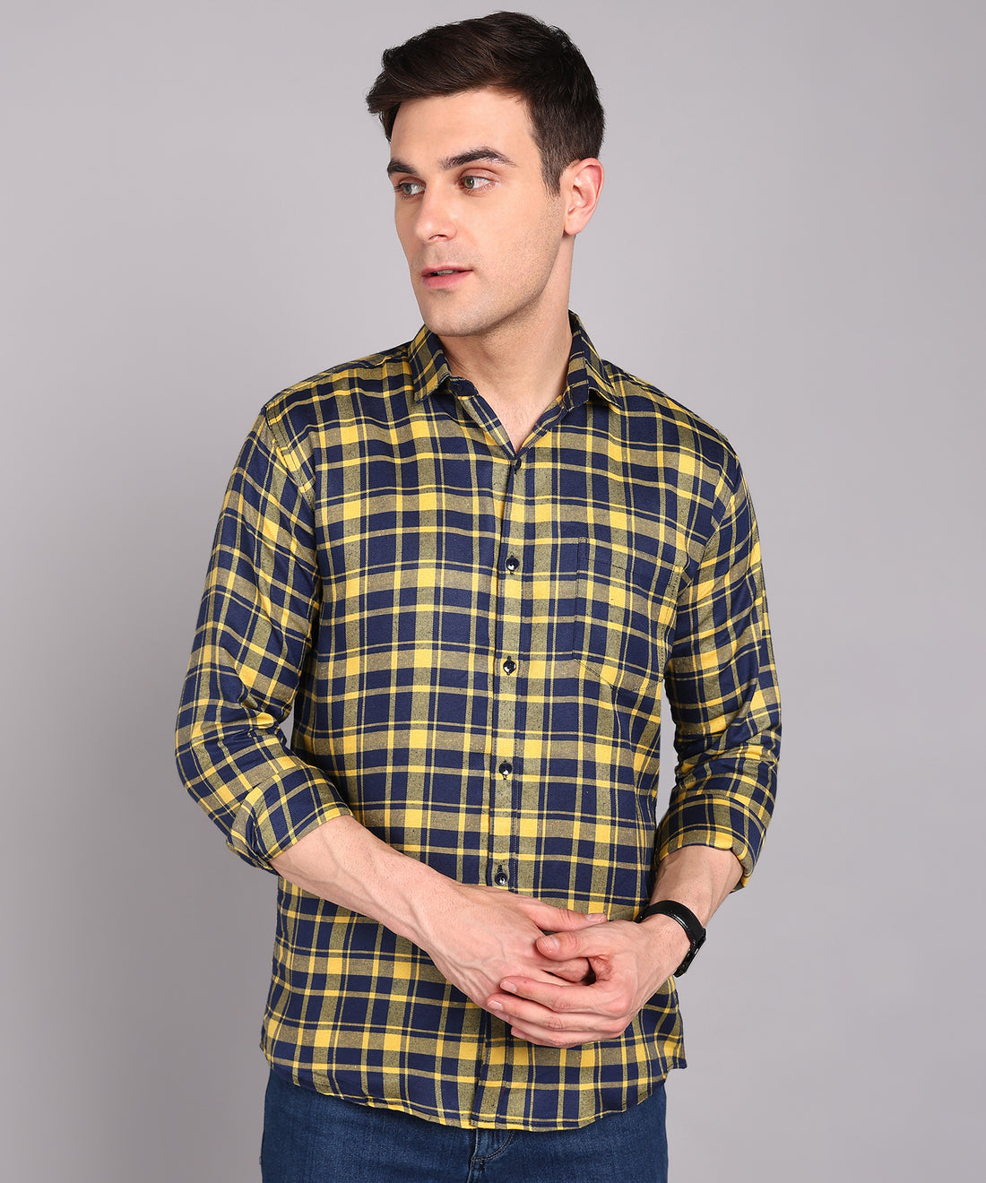 Sanganeri Navy & Yellow Checked Cotton Shirt