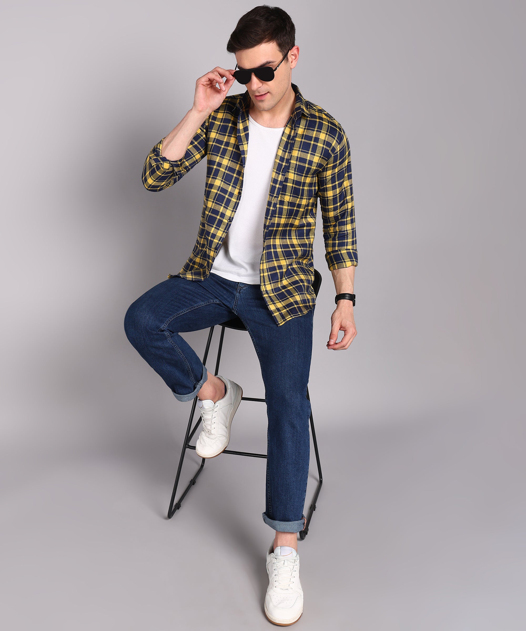 Sanganeri Navy & Yellow Checked Cotton Shirt