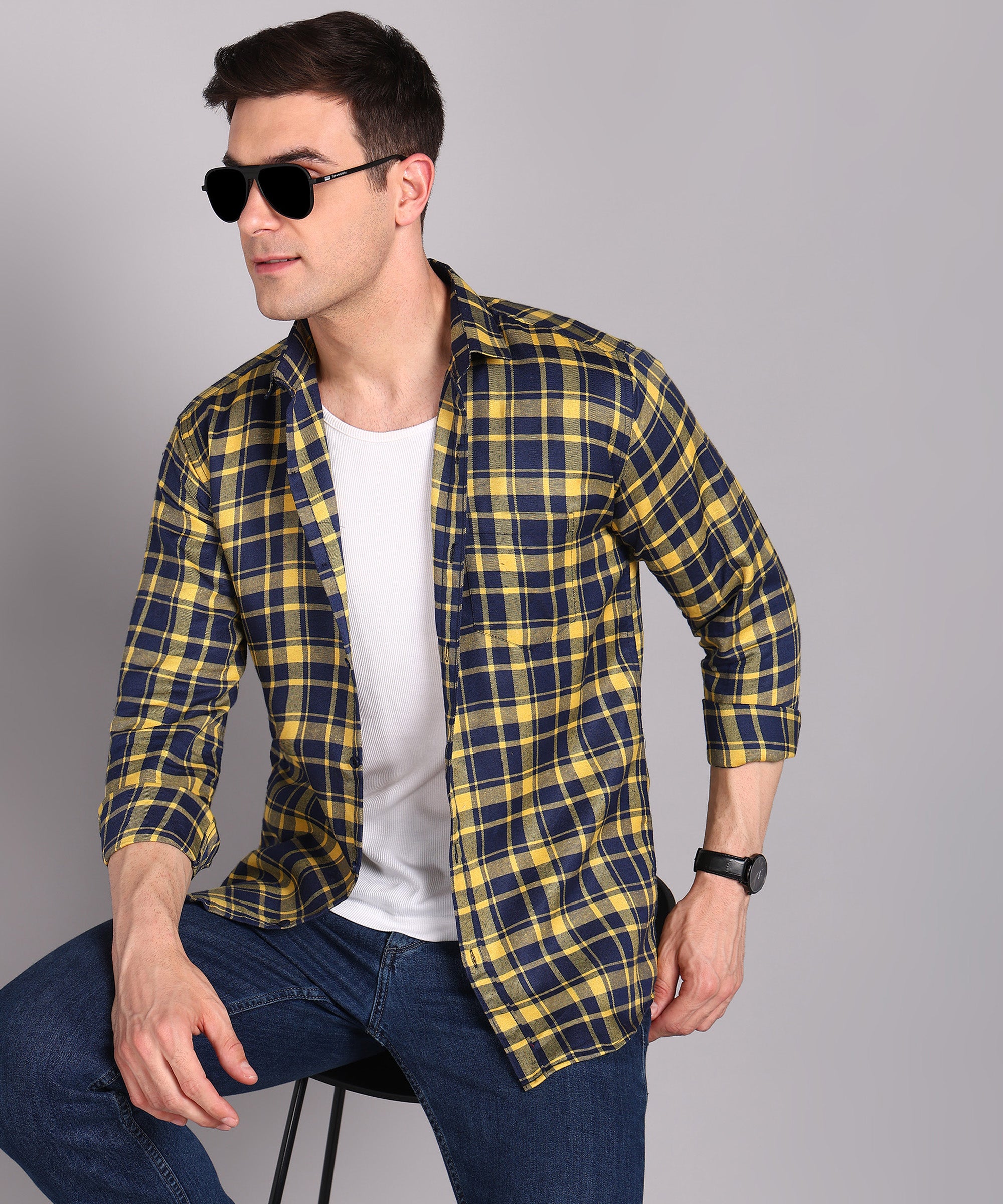 Sanganeri Navy & Yellow Checked Cotton Shirt