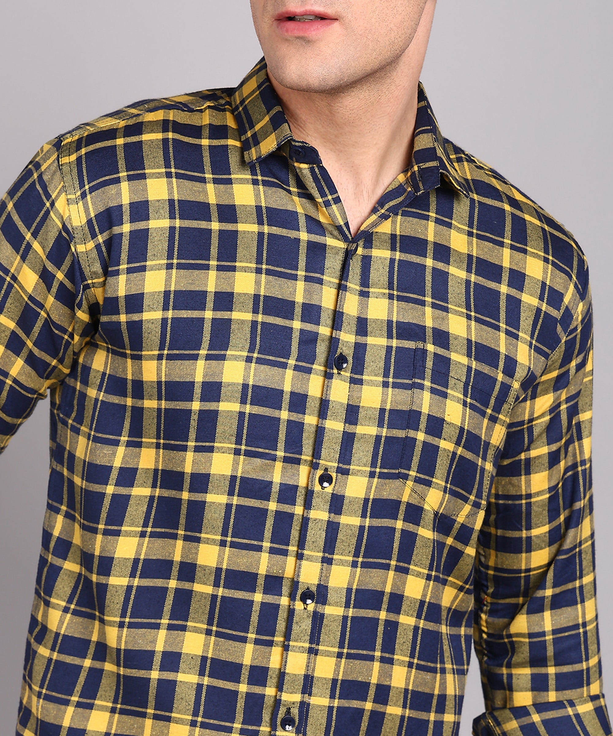 Sanganeri Navy & Yellow Checked Cotton Shirt