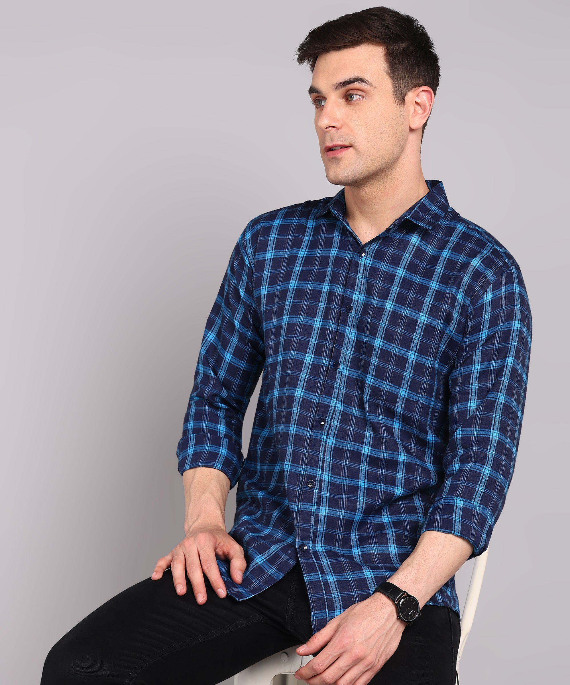 Sanganeri Navy & Blue Checked Cotton Shirt
