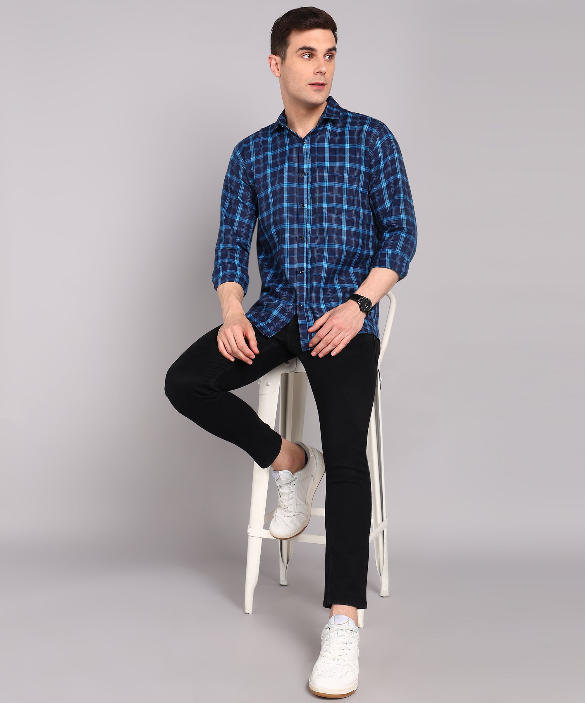 Sanganeri Navy & Blue Checked Cotton Shirt