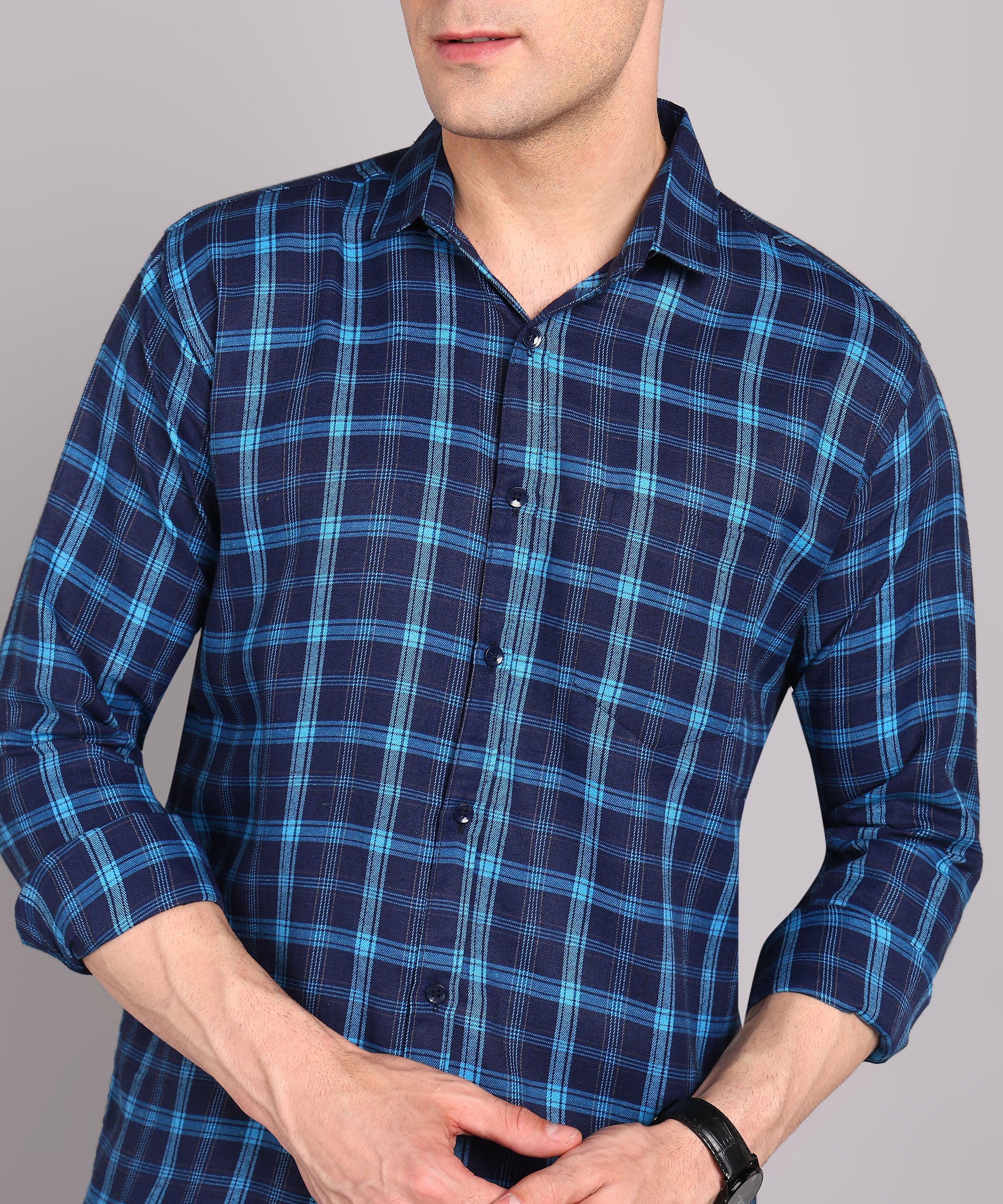 Sanganeri Navy & Blue Checked Cotton Shirt