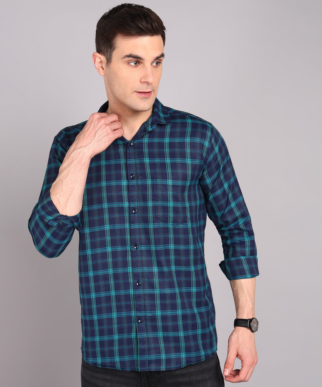 Sanganeri Navy & Teal Checked Cotton Shirt