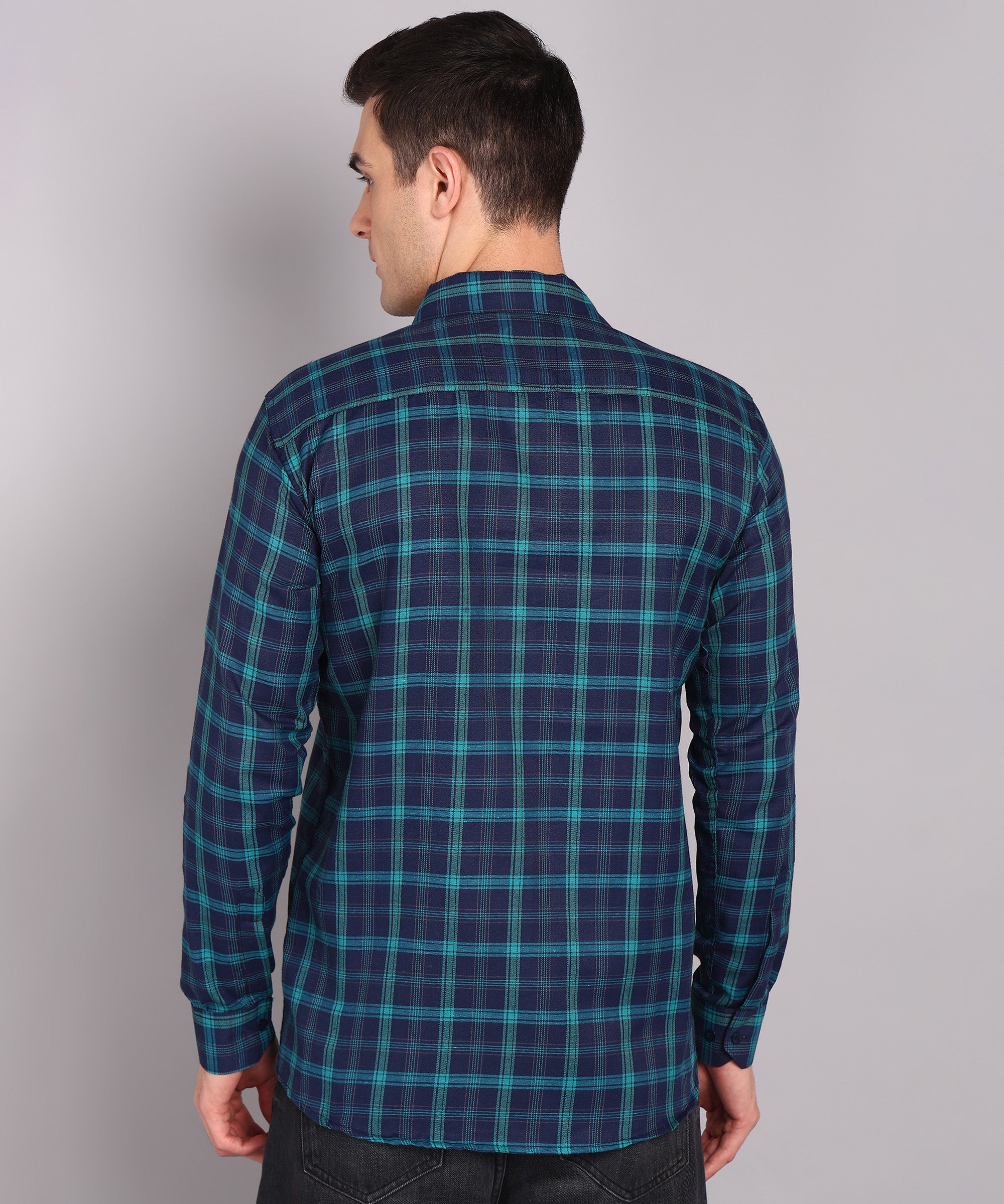 Sanganeri Navy & Teal Checked Cotton Shirt
