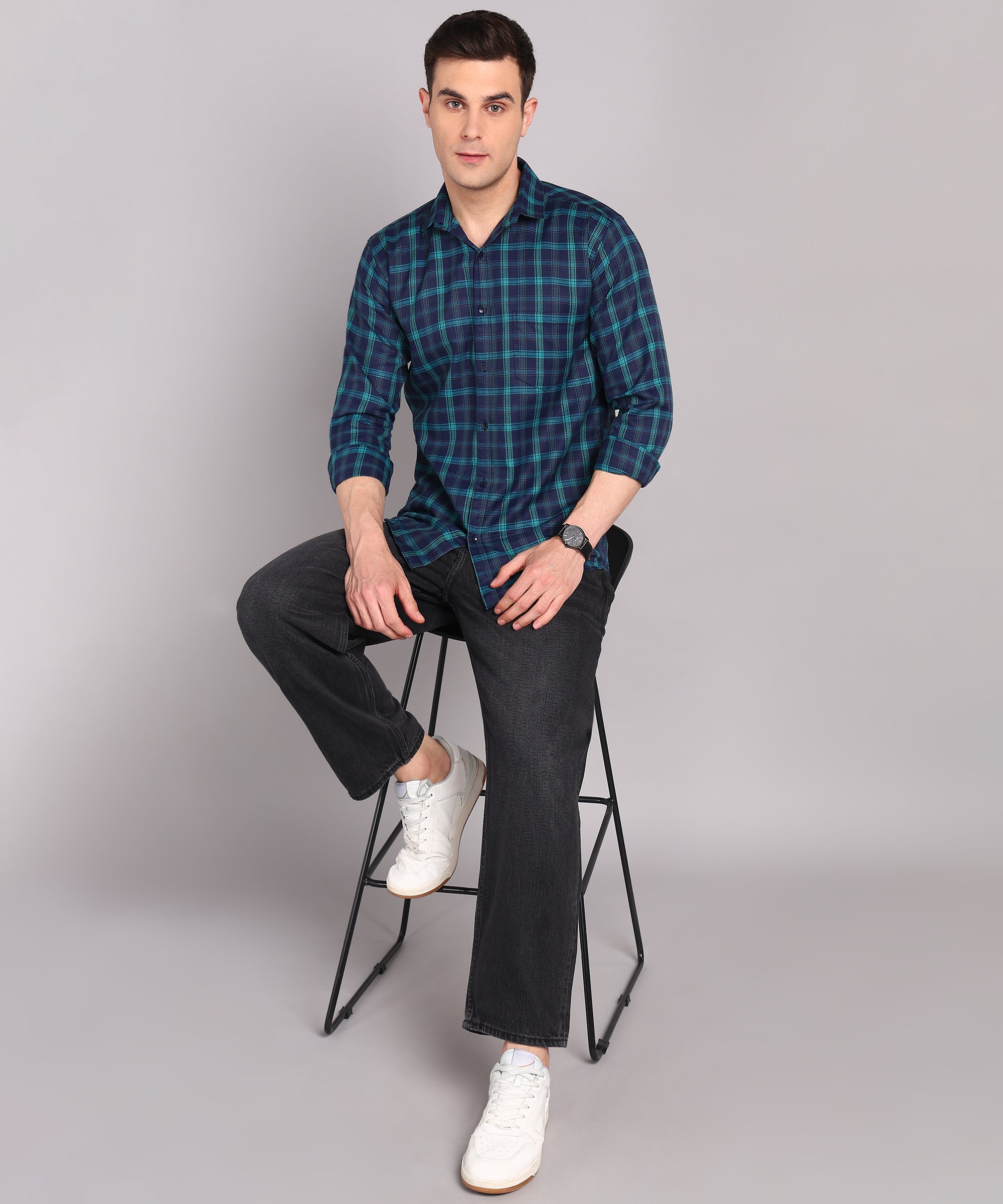Sanganeri Navy & Teal Checked Cotton Shirt
