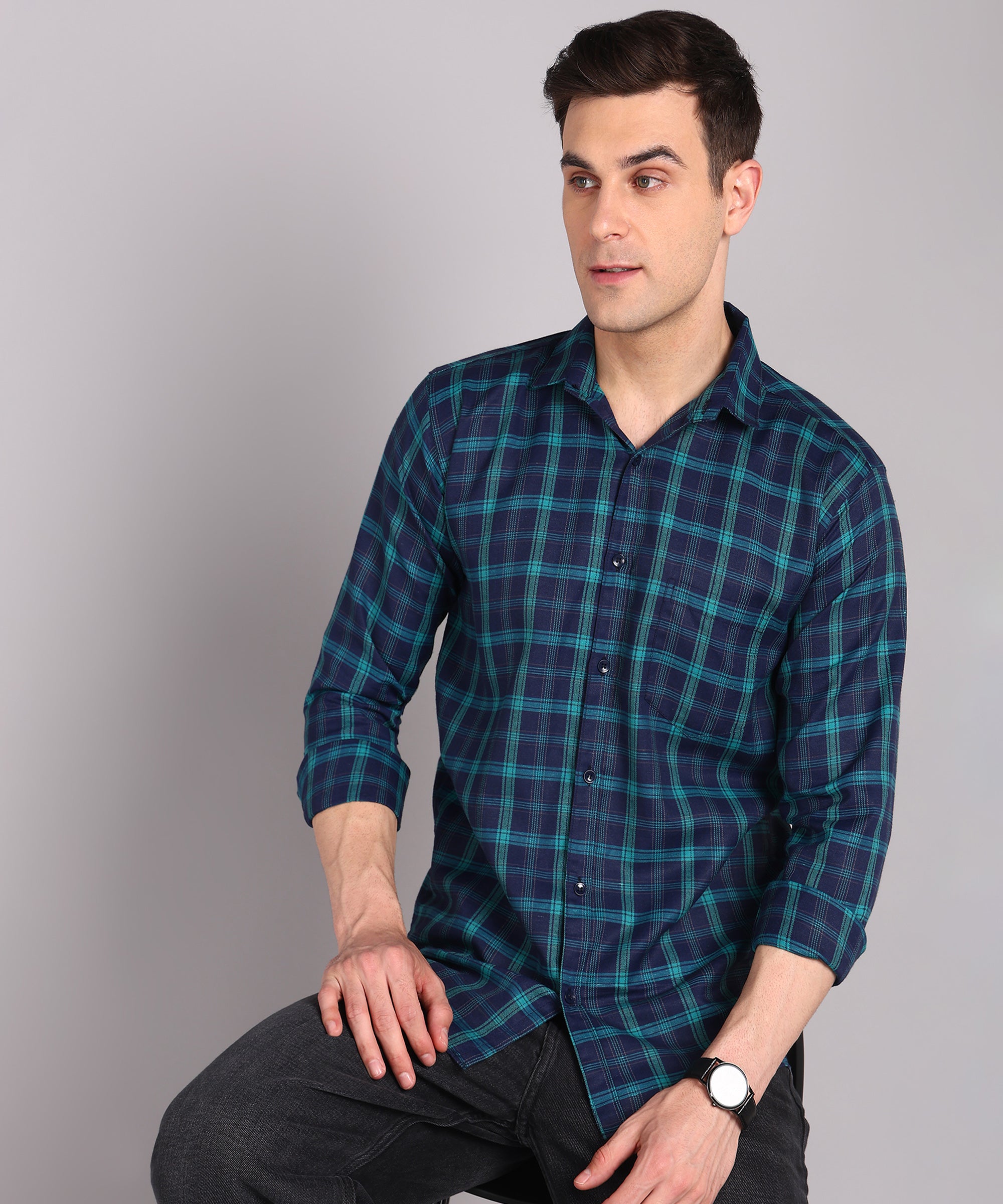 Sanganeri Navy & Teal Checked Cotton Shirt
