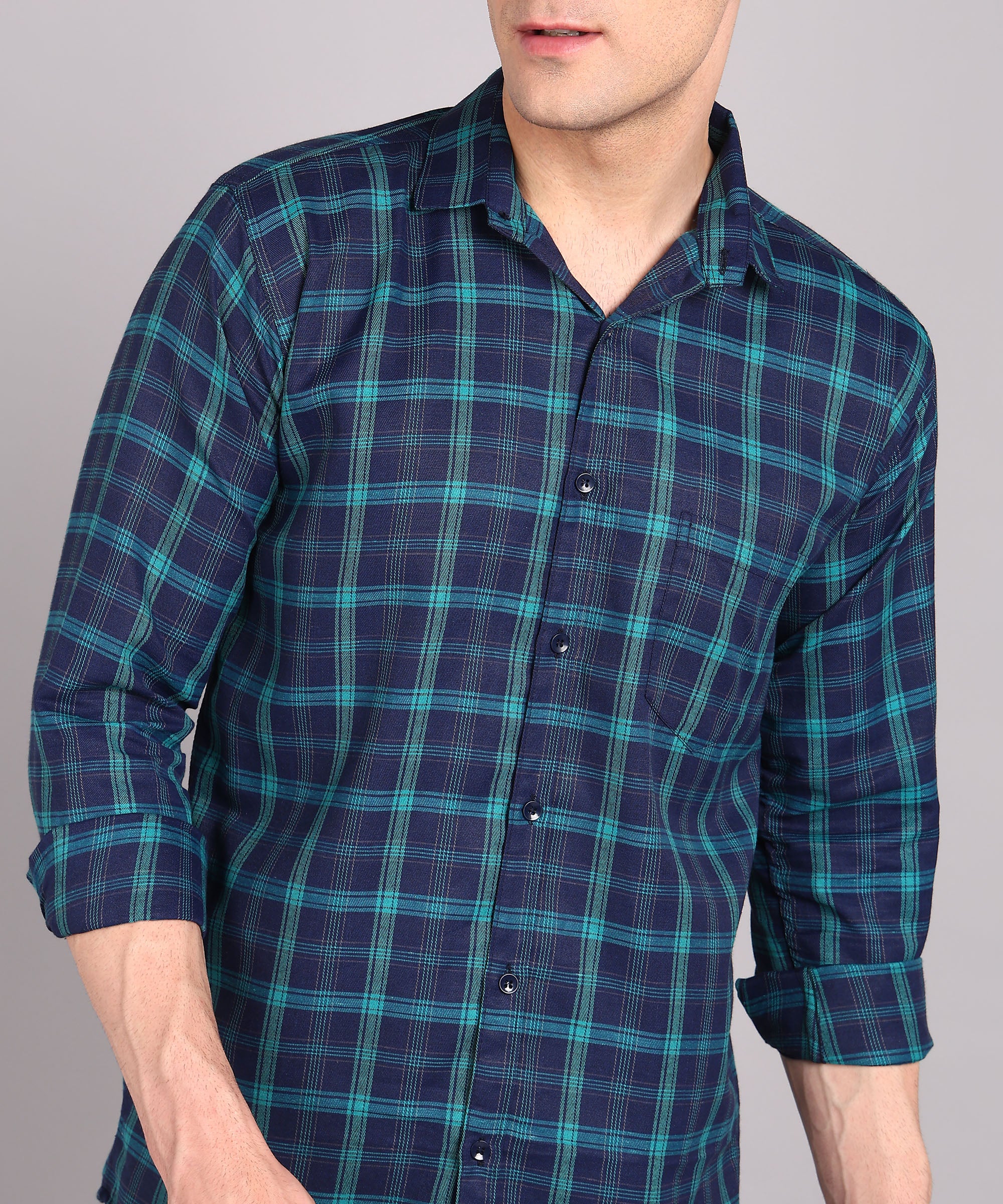 Sanganeri Navy & Teal Checked Cotton Shirt