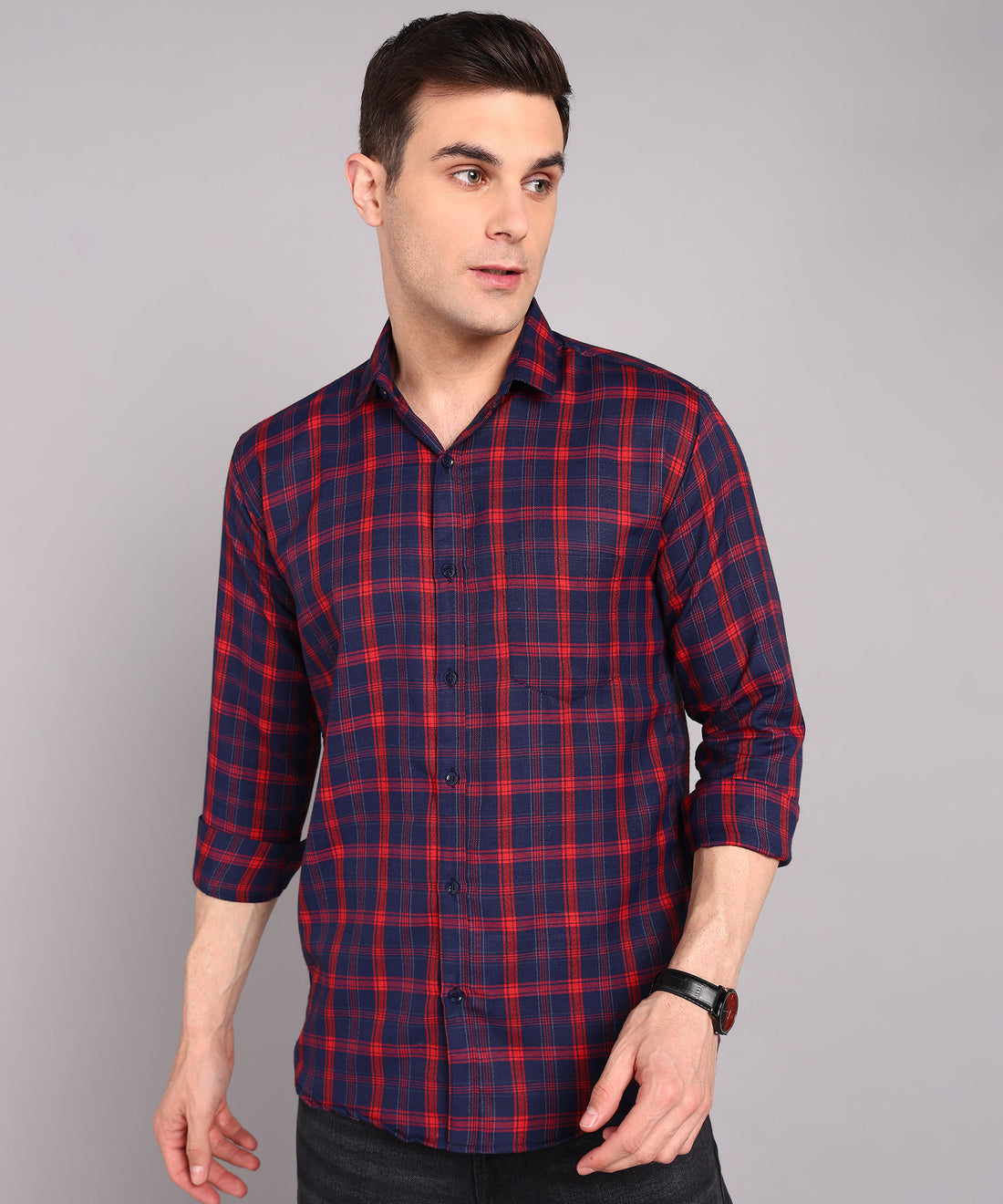 Sanganeri Navy & Red Checked Cotton Shirt