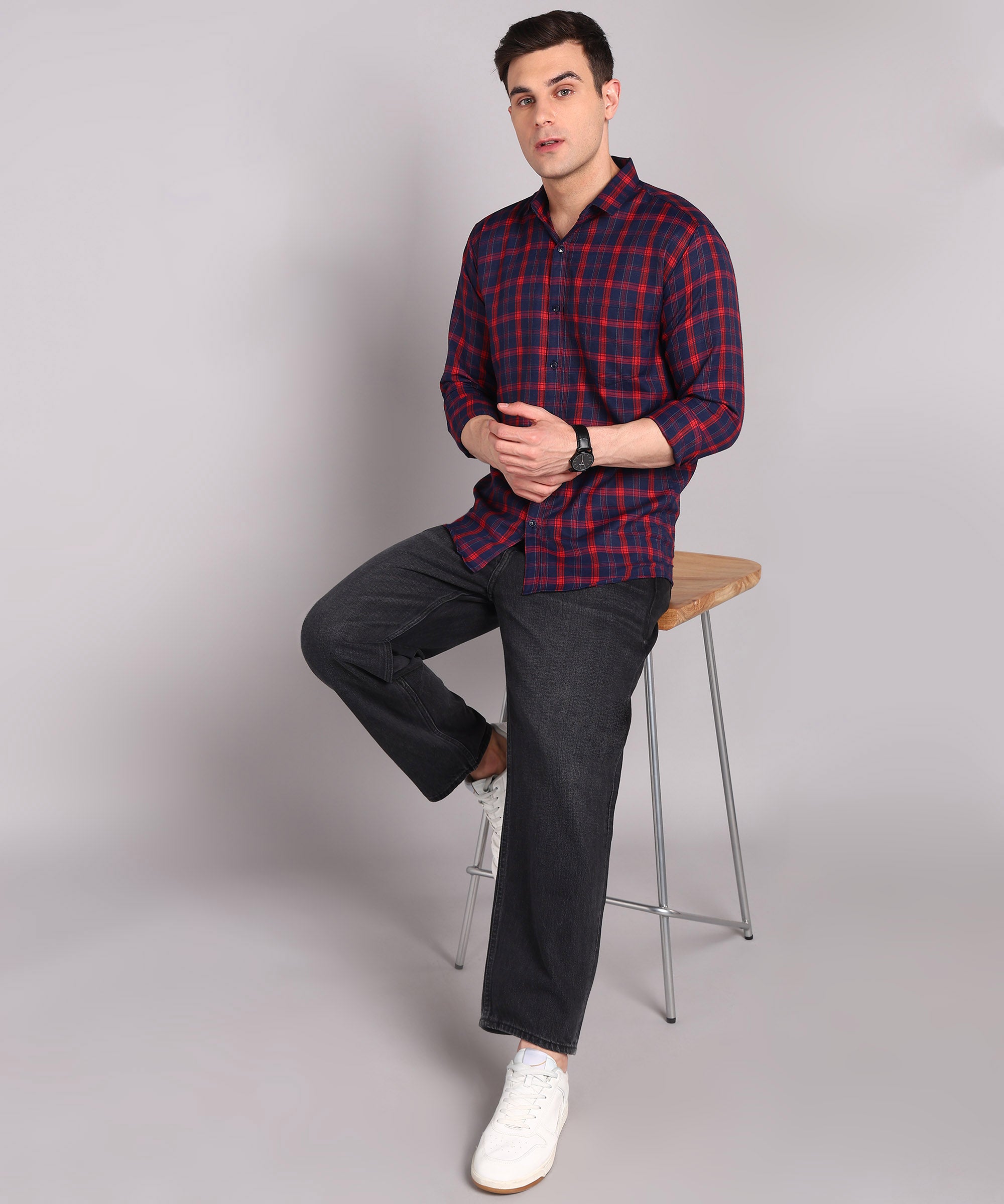 Sanganeri Navy & Red Checked Cotton Shirt