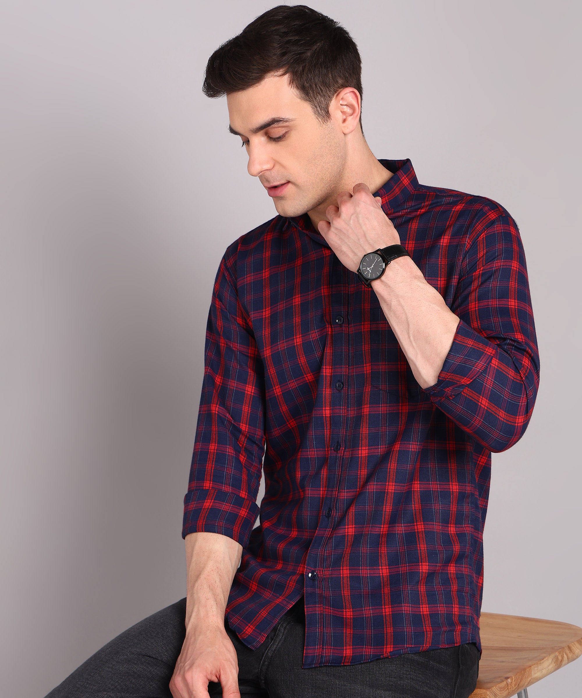 Sanganeri Navy & Red Checked Cotton Shirt