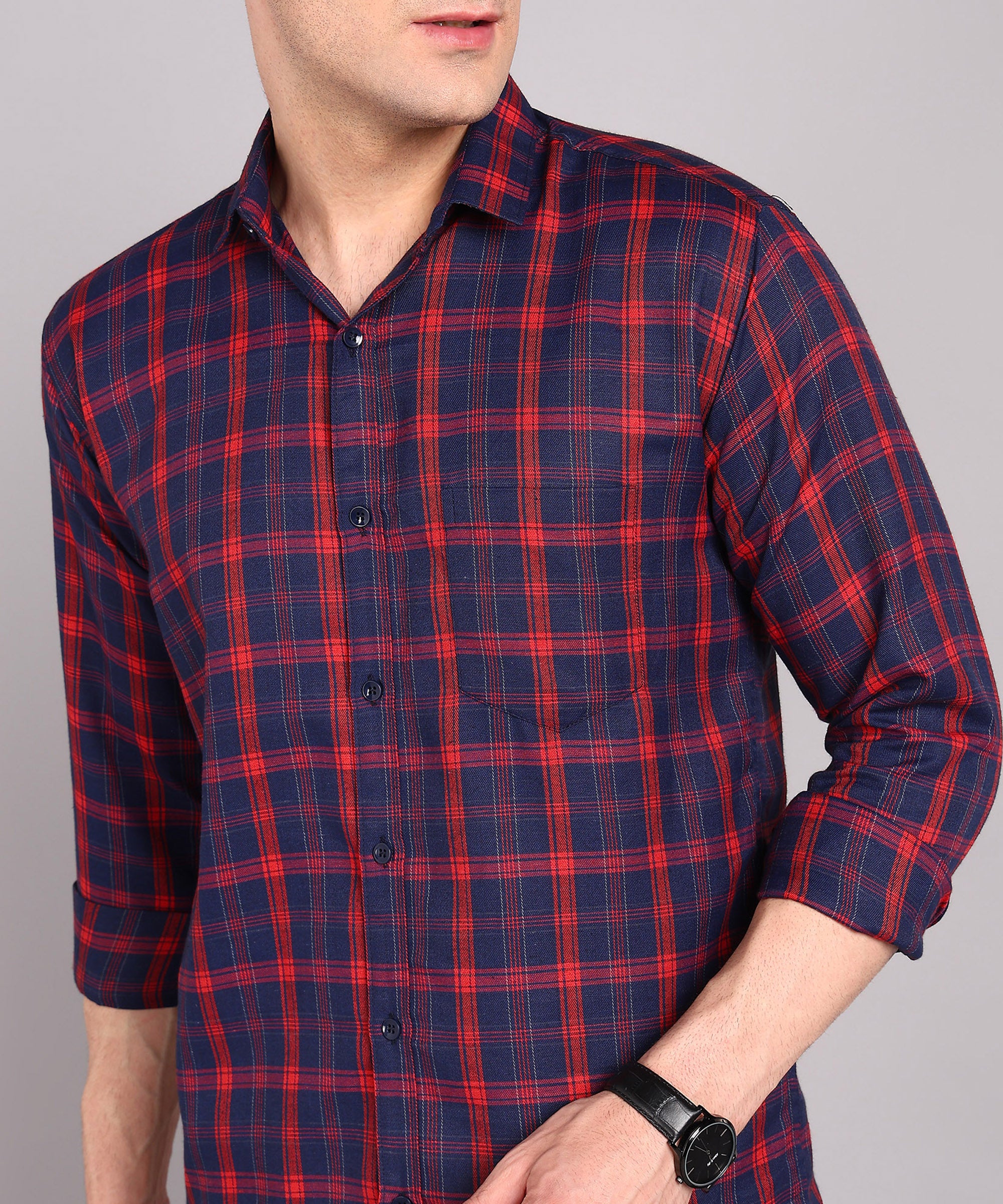 Sanganeri Navy & Red Checked Cotton Shirt