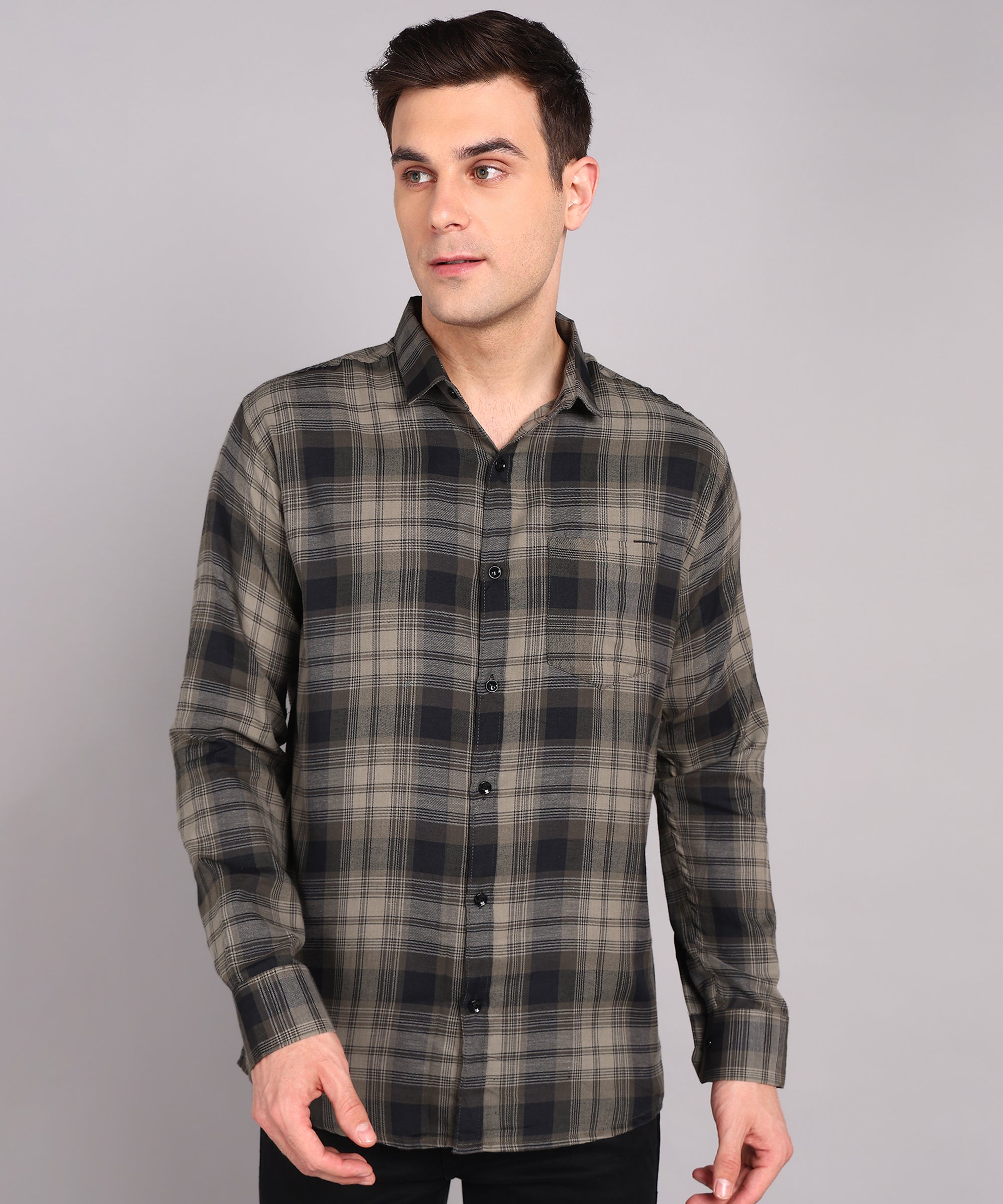 Olive Grey Checked Casual Shirt