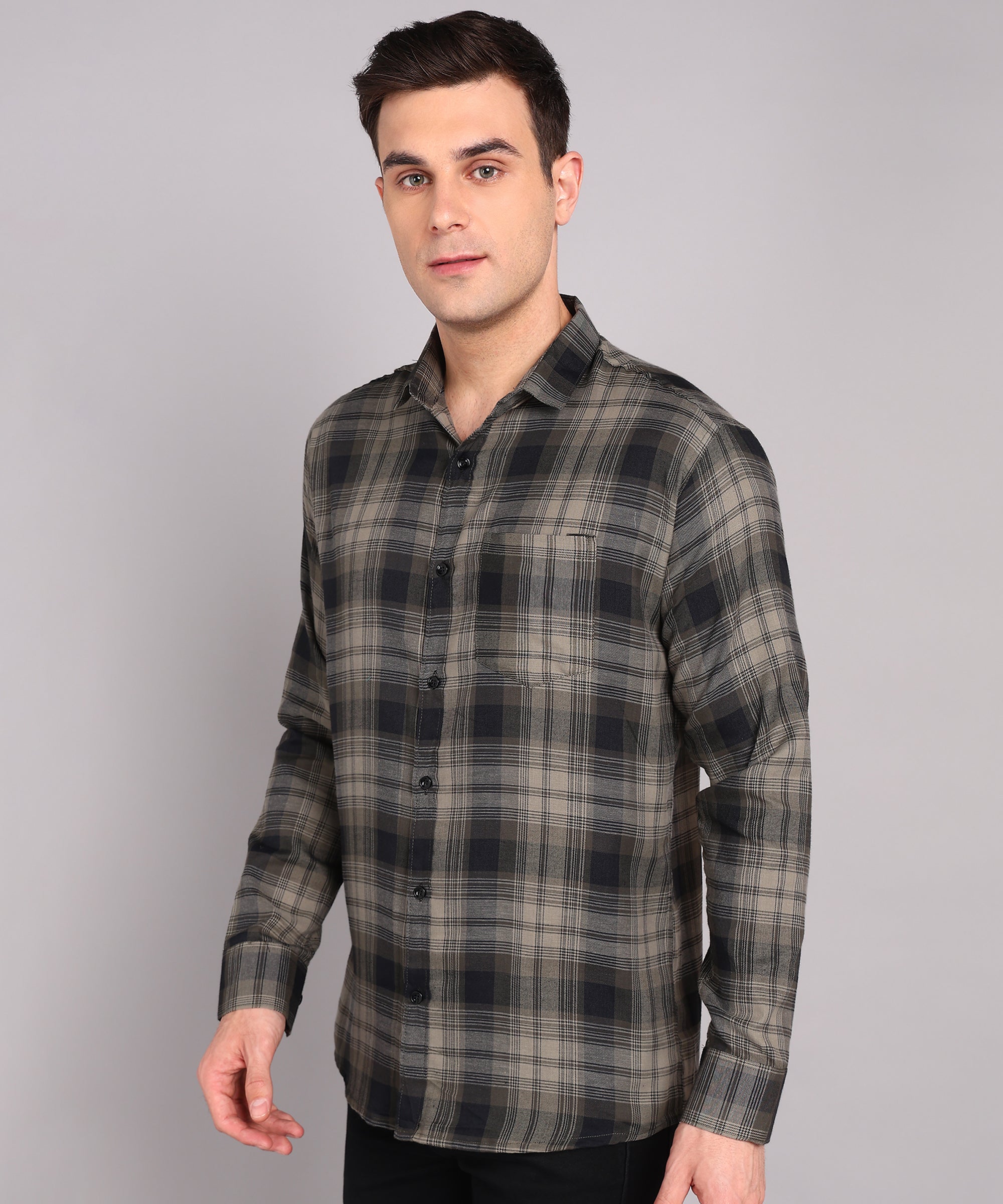 Olive Grey Checked Casual Shirt