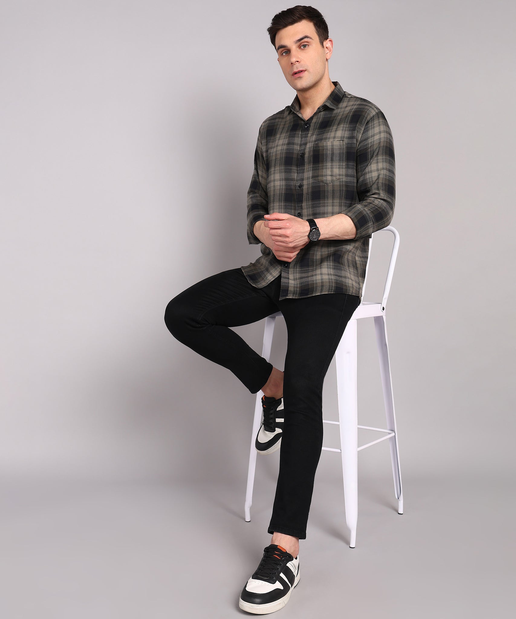 Olive Grey Checked Casual Shirt