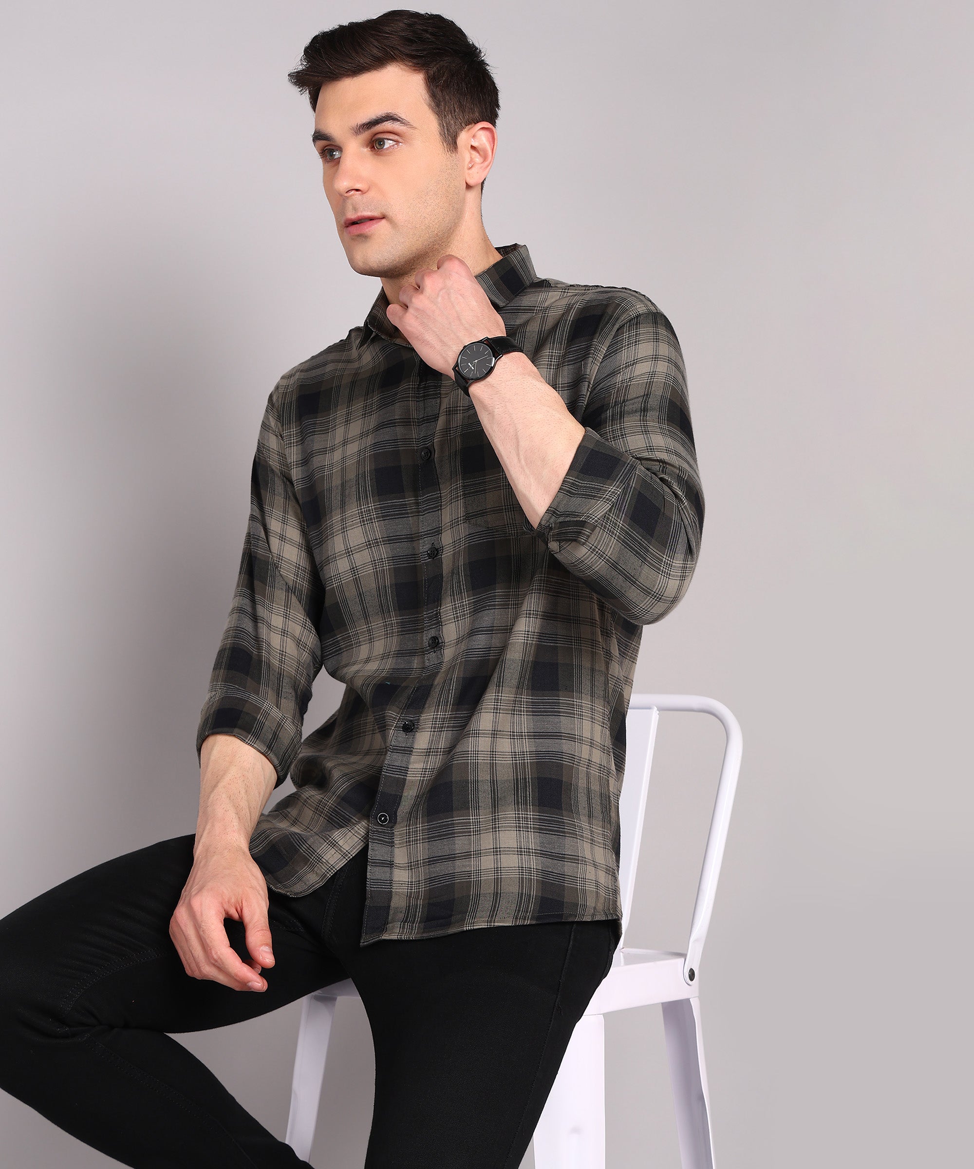 Olive Grey Checked Casual Shirt