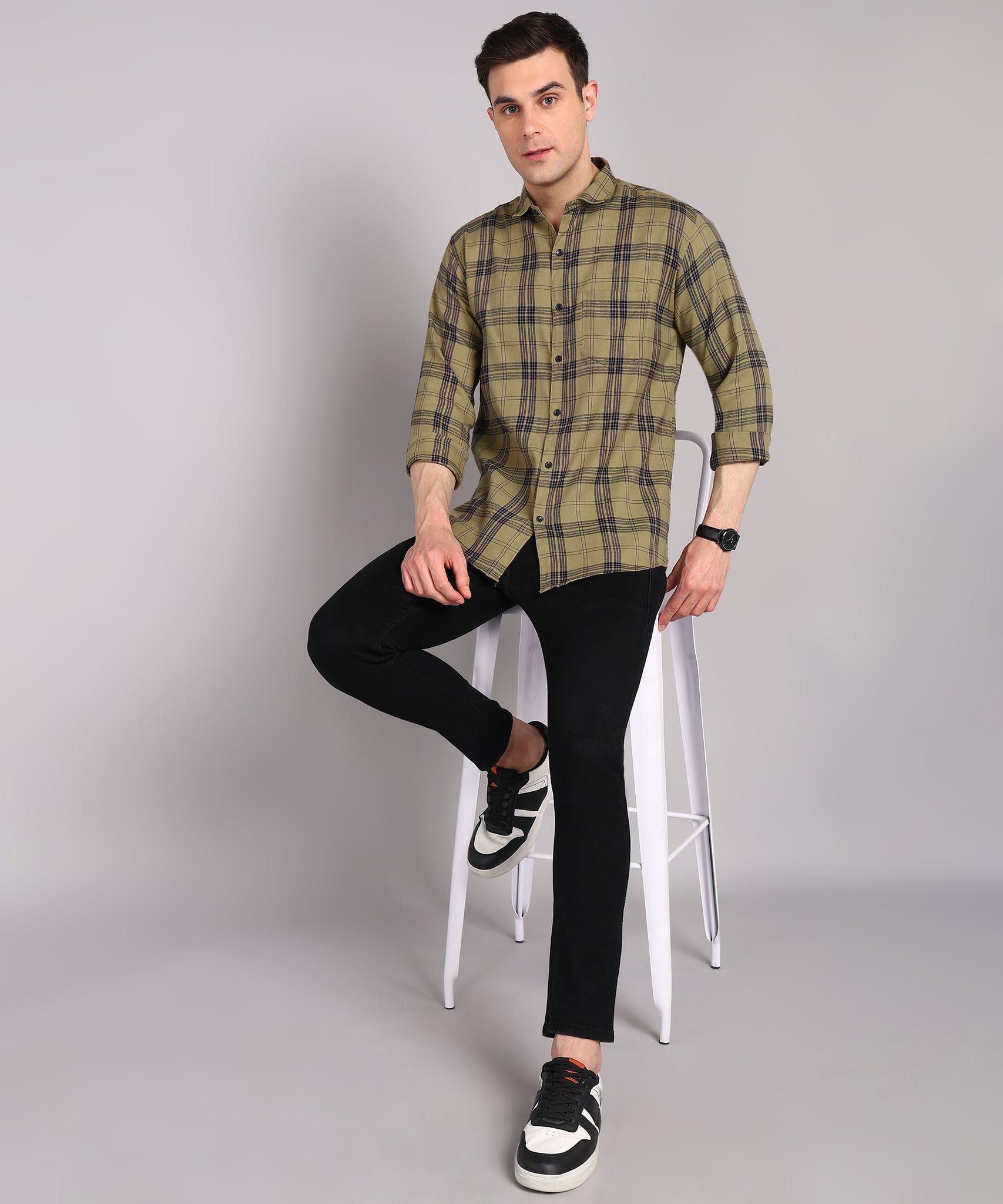 Men’s Olive Green Checked Casual Shirt
