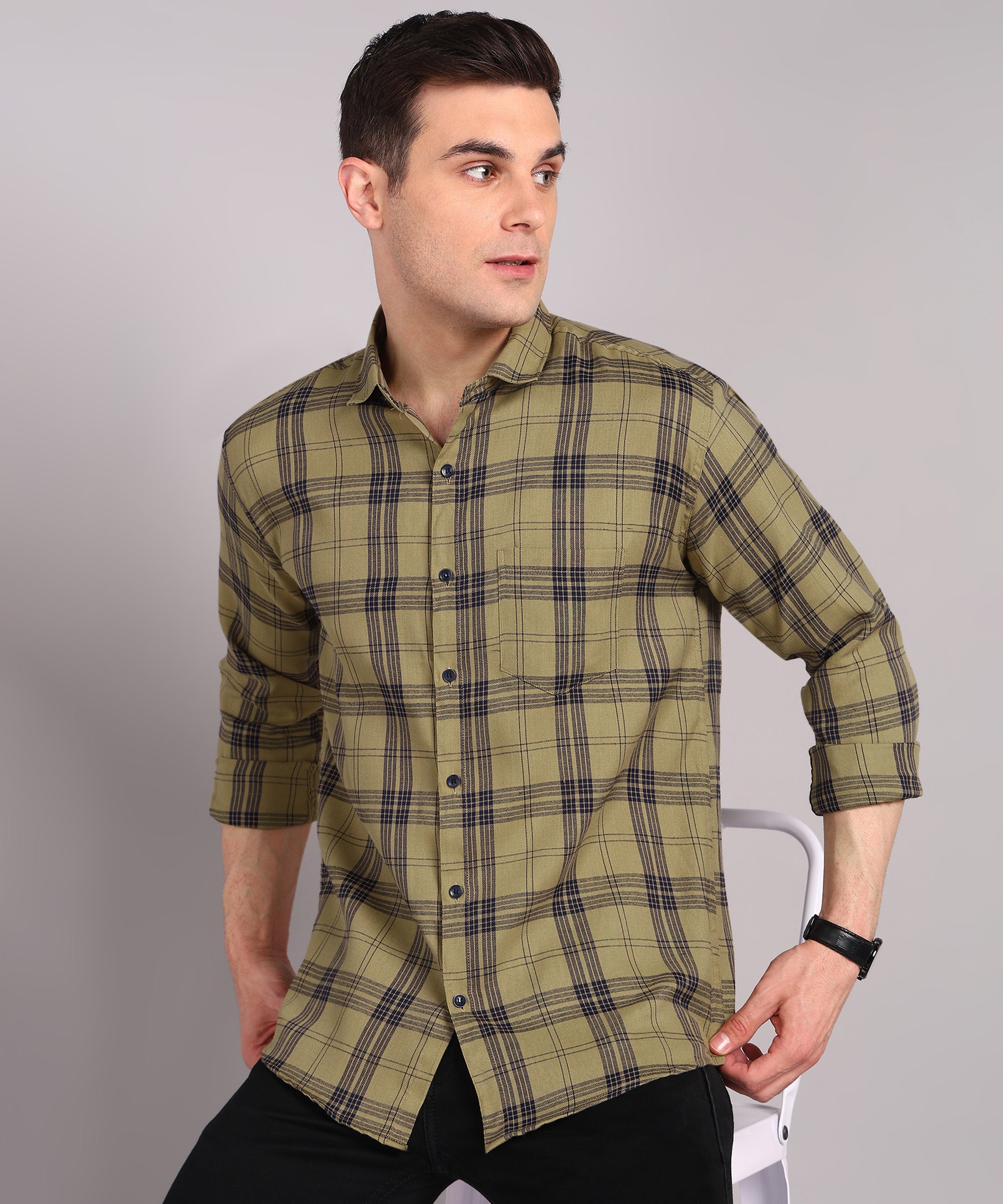Men’s Olive Green Checked Casual Shirt