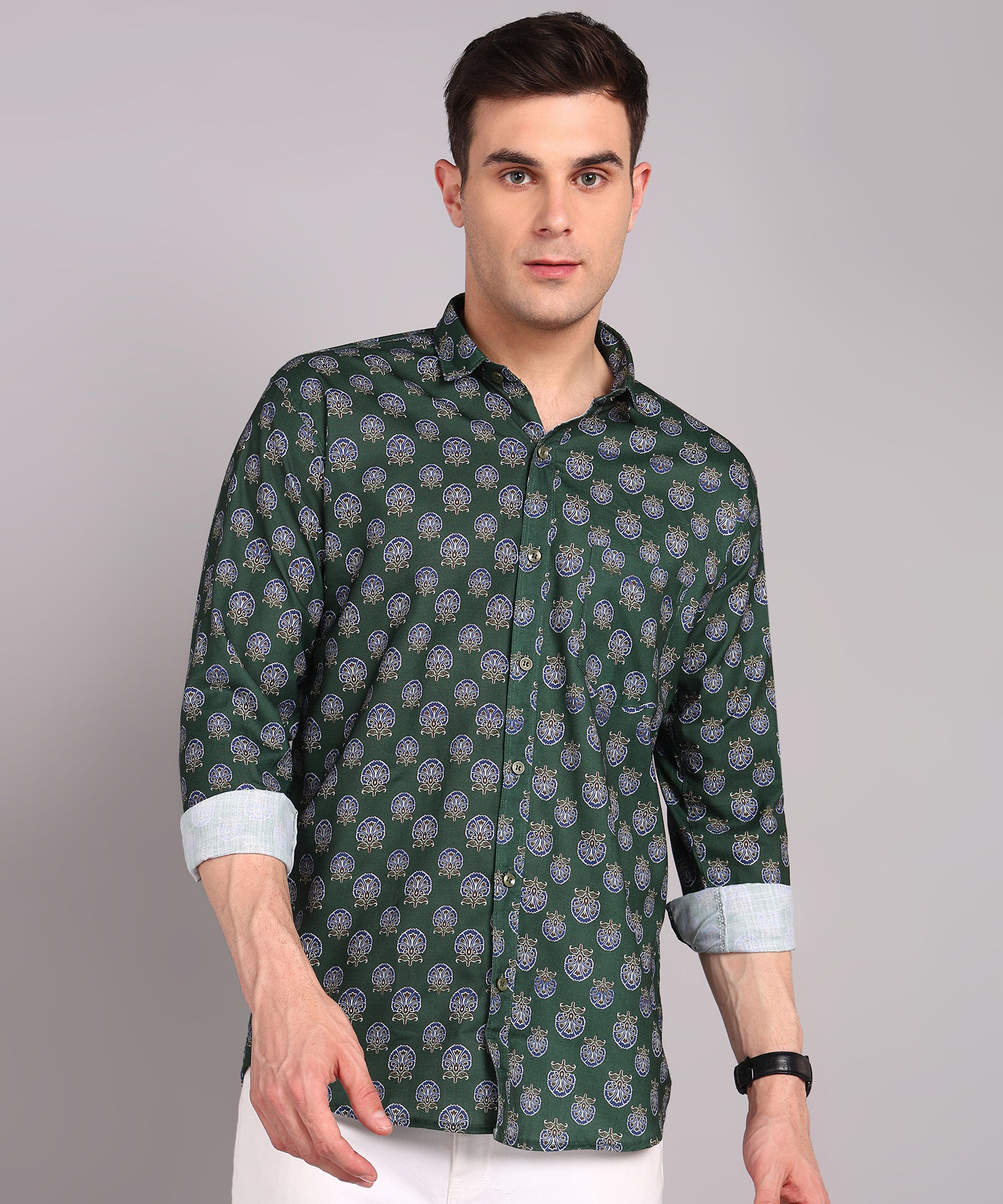 Sanganeri Bottle Green Cotton Shirt