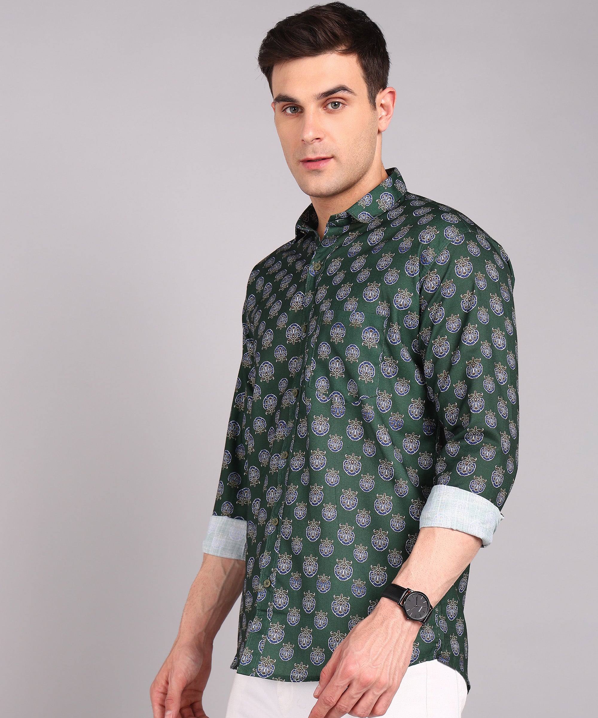 Sanganeri Bottle Green Cotton Shirt