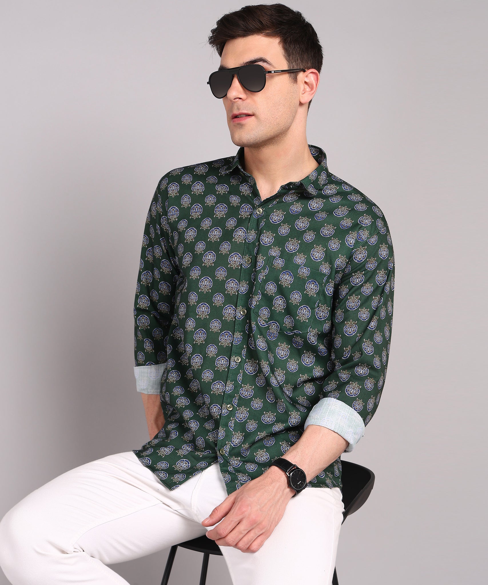 Sanganeri Bottle Green Cotton Shirt