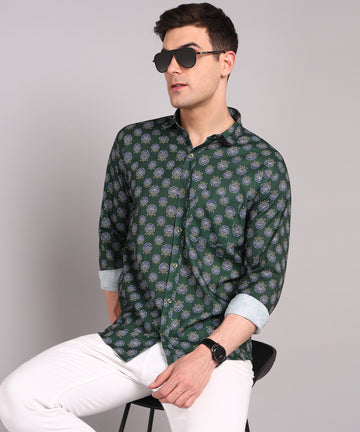 Sanganeri Bottle Green Cotton Shirt