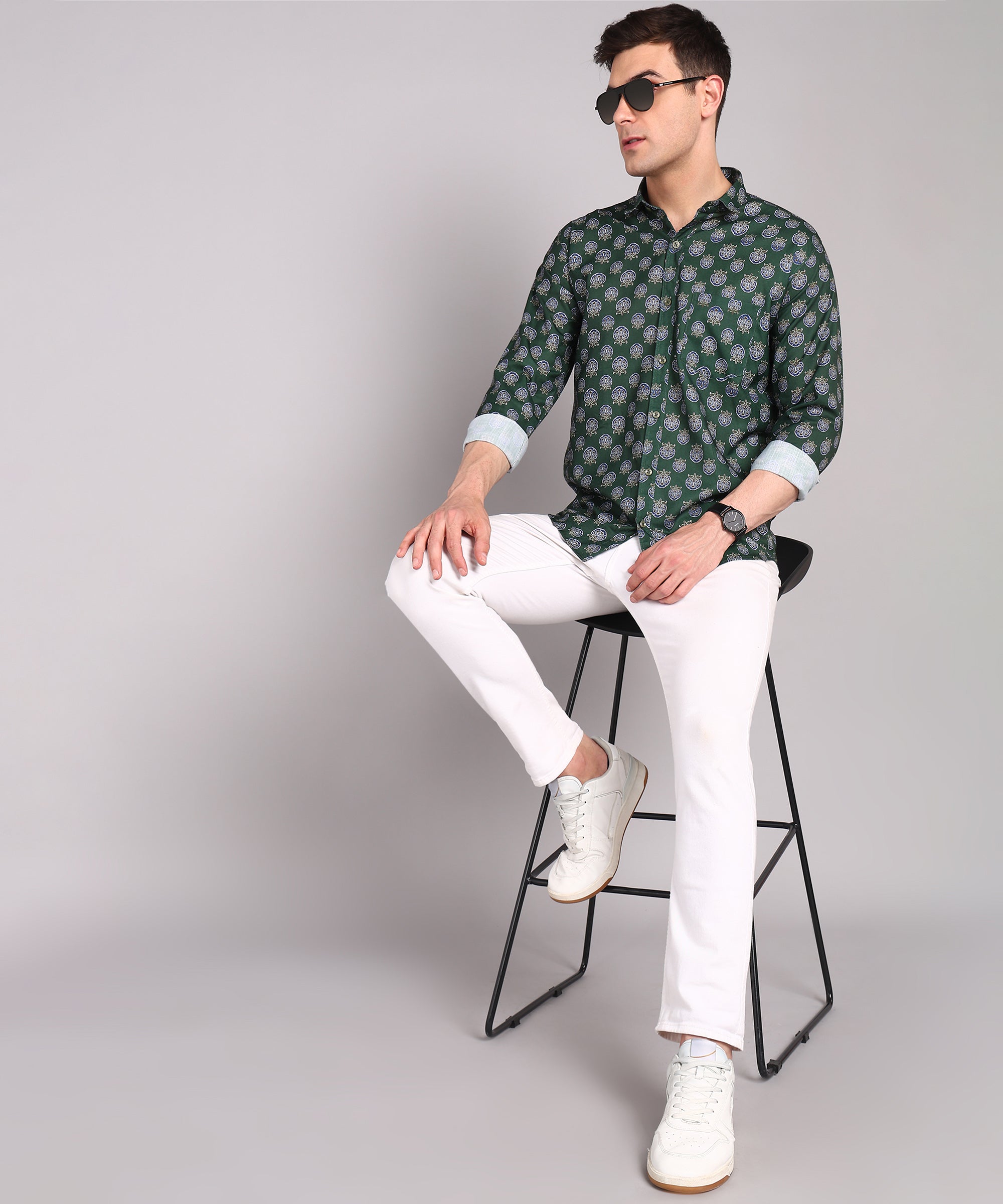Sanganeri Bottle Green Cotton Shirt