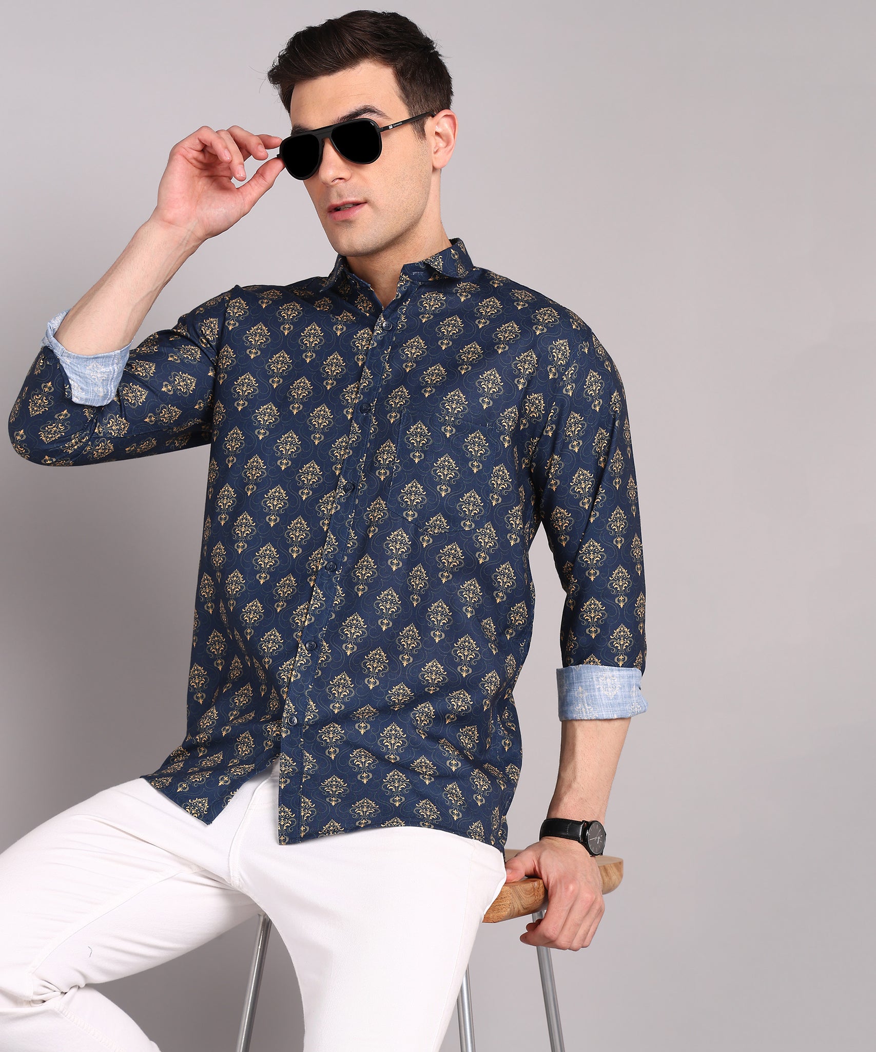 Sanganeri Navy Blue Cotton Shirt