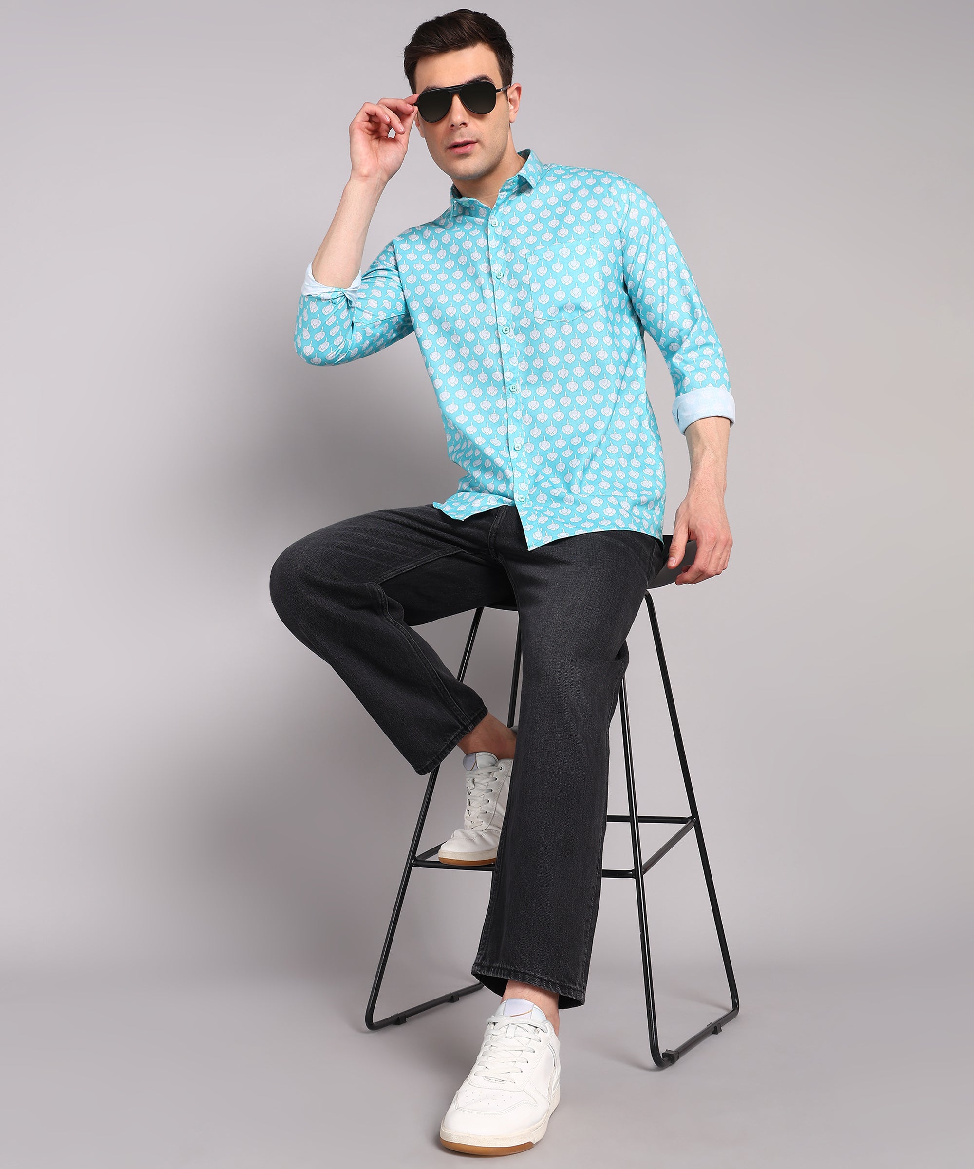 Sanganeri Aqua Blue Cotton Shirt