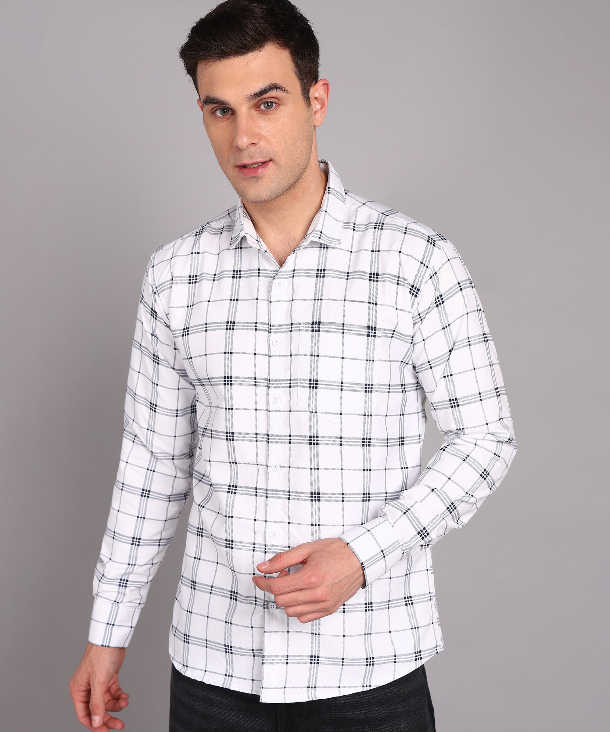 Sanganeri White & Black Grid Checked Cotton Shirt