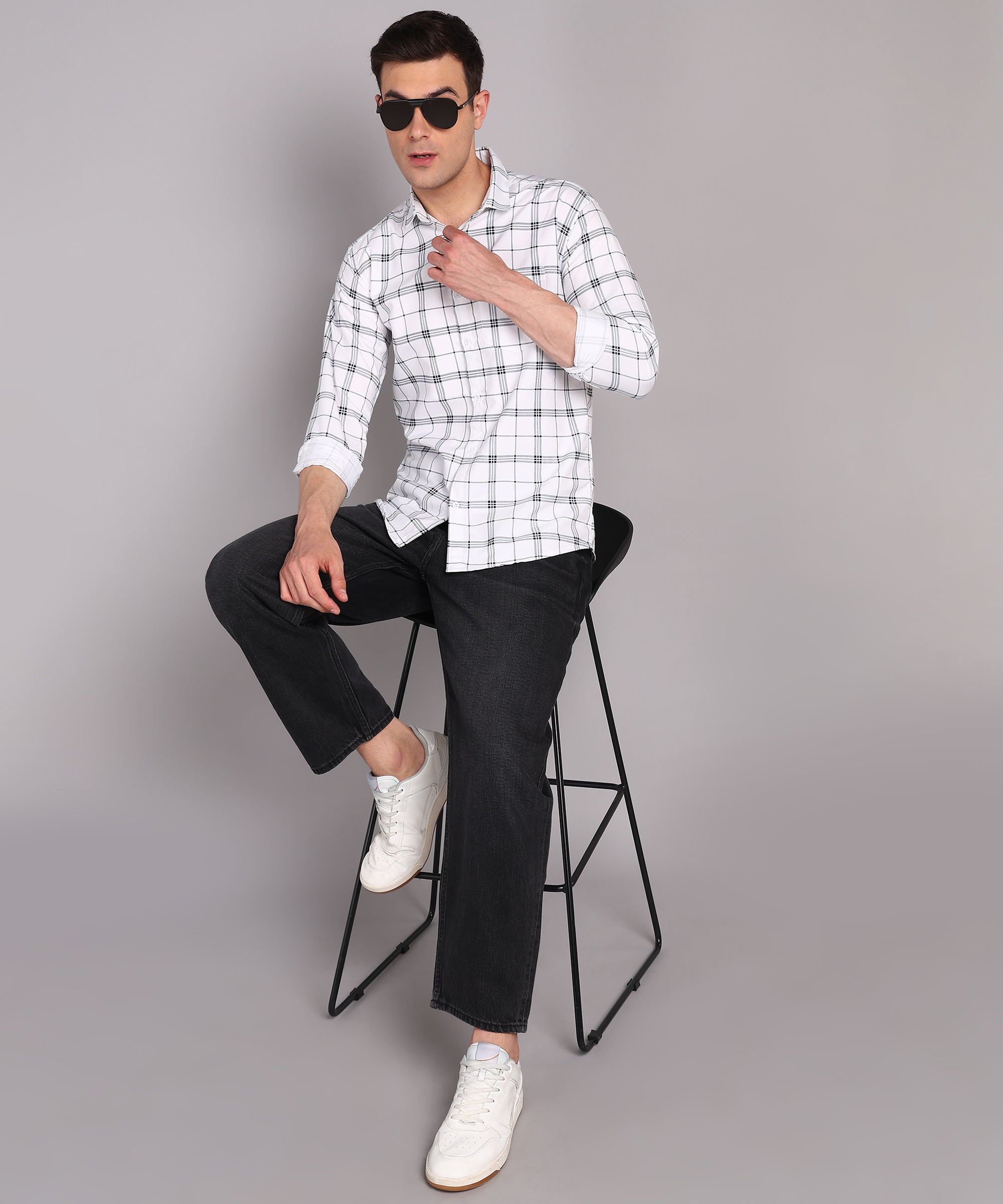 Sanganeri White & Black Grid Checked Cotton Shirt