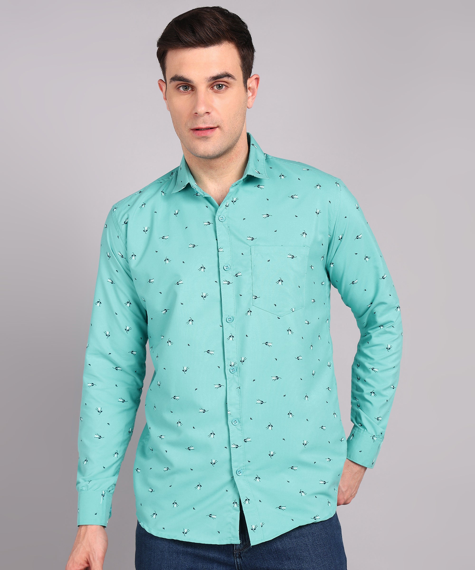 Sanganeri Aqua Green Printed Cotton Shirt