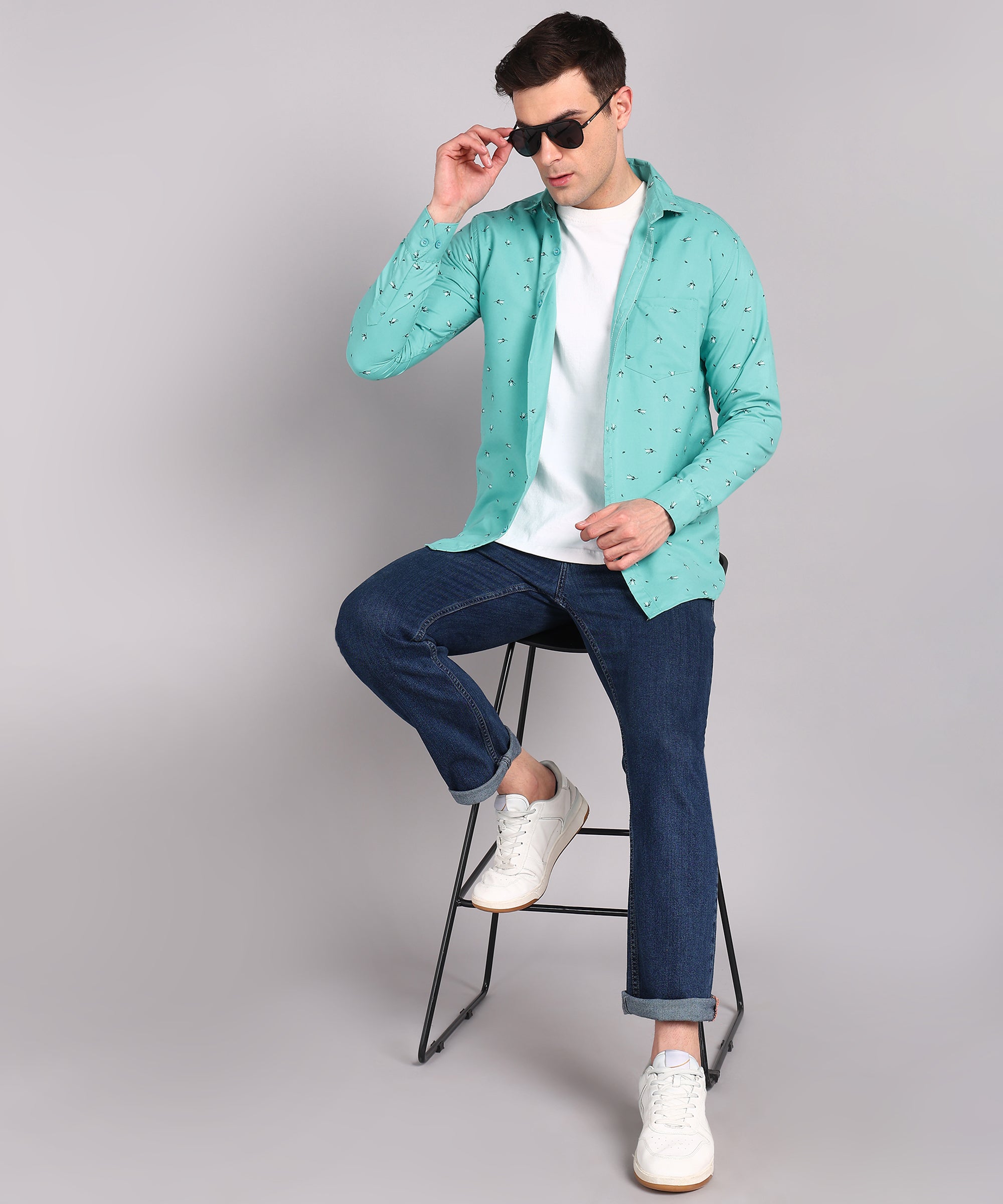 Sanganeri Aqua Green Printed Cotton Shirt