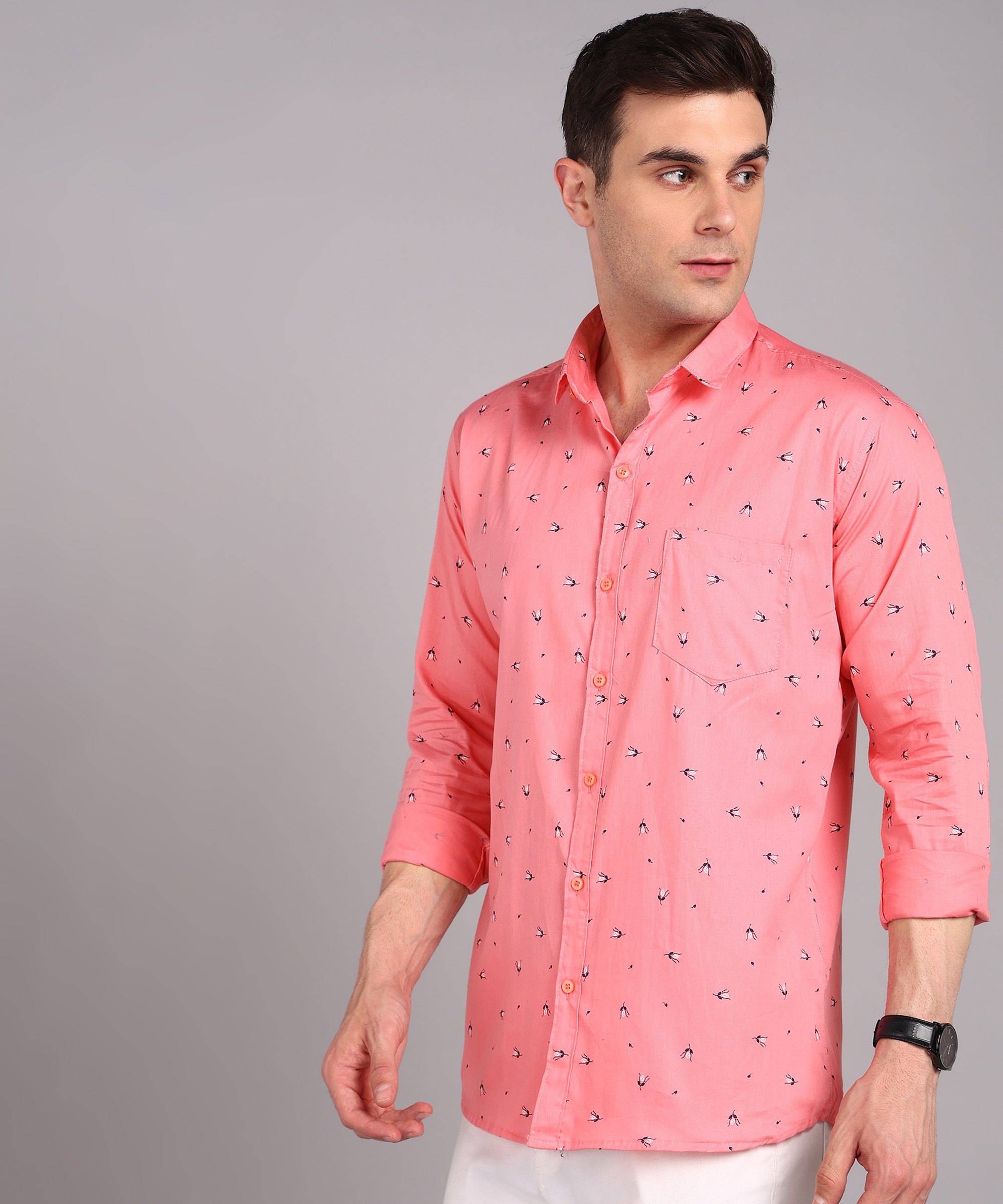 Sanganeri Coral Pink Printed Cotton Shirt