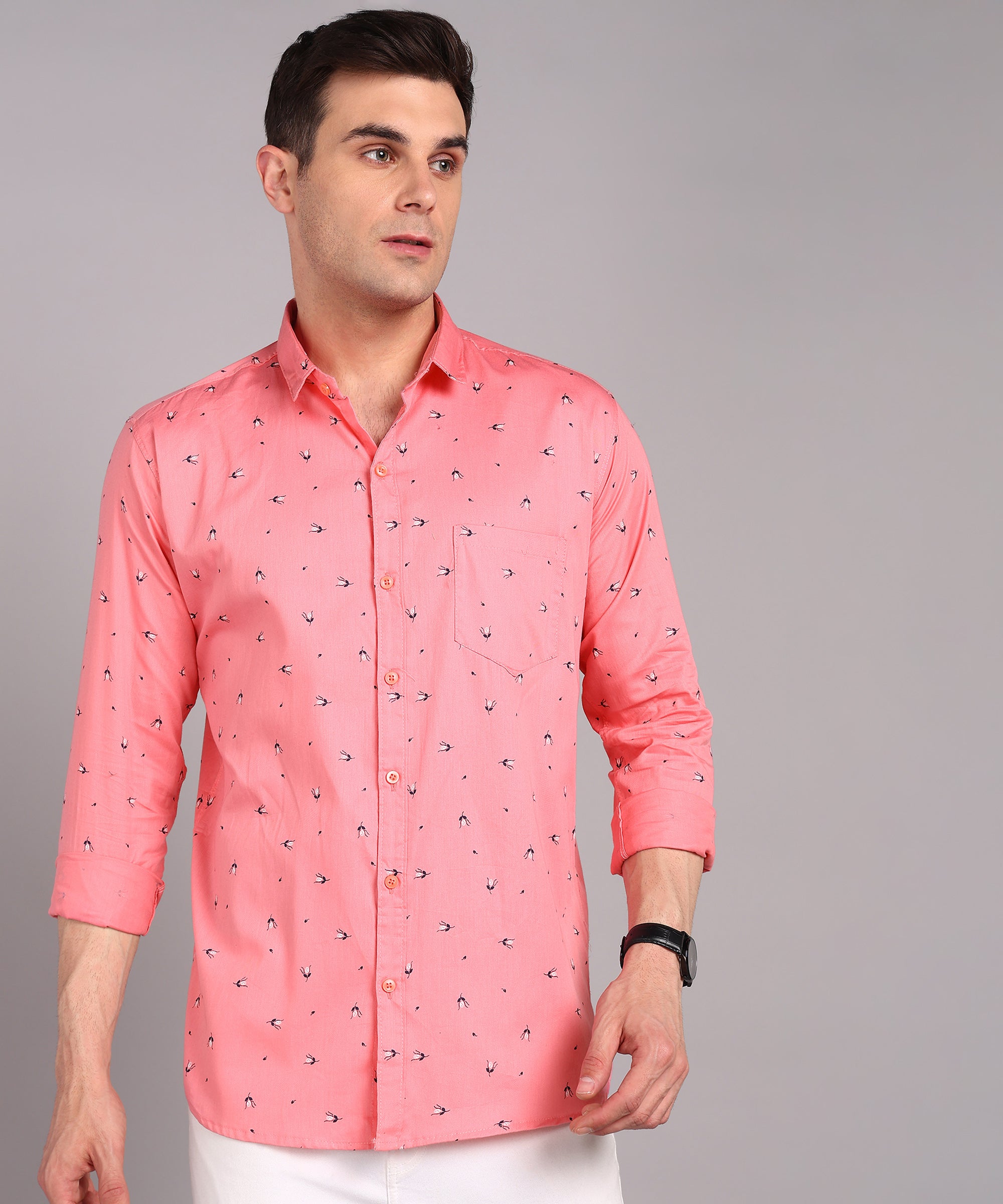 Sanganeri Coral Pink Printed Cotton Shirt